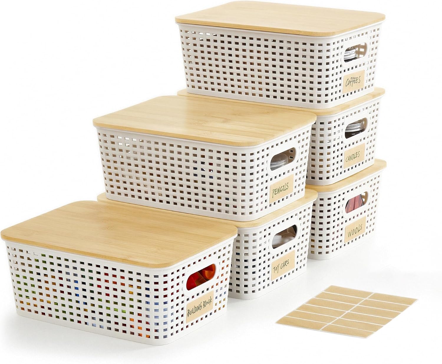Bagnizer Small Plastic Storage Bins with Bamboo Lids 5.2qt Stackable Box Basket Pantry Decorative Containers Cute with Labels for Organizing Desktop Closet Office Cream White of 6 packs 10*7.2*4.1″