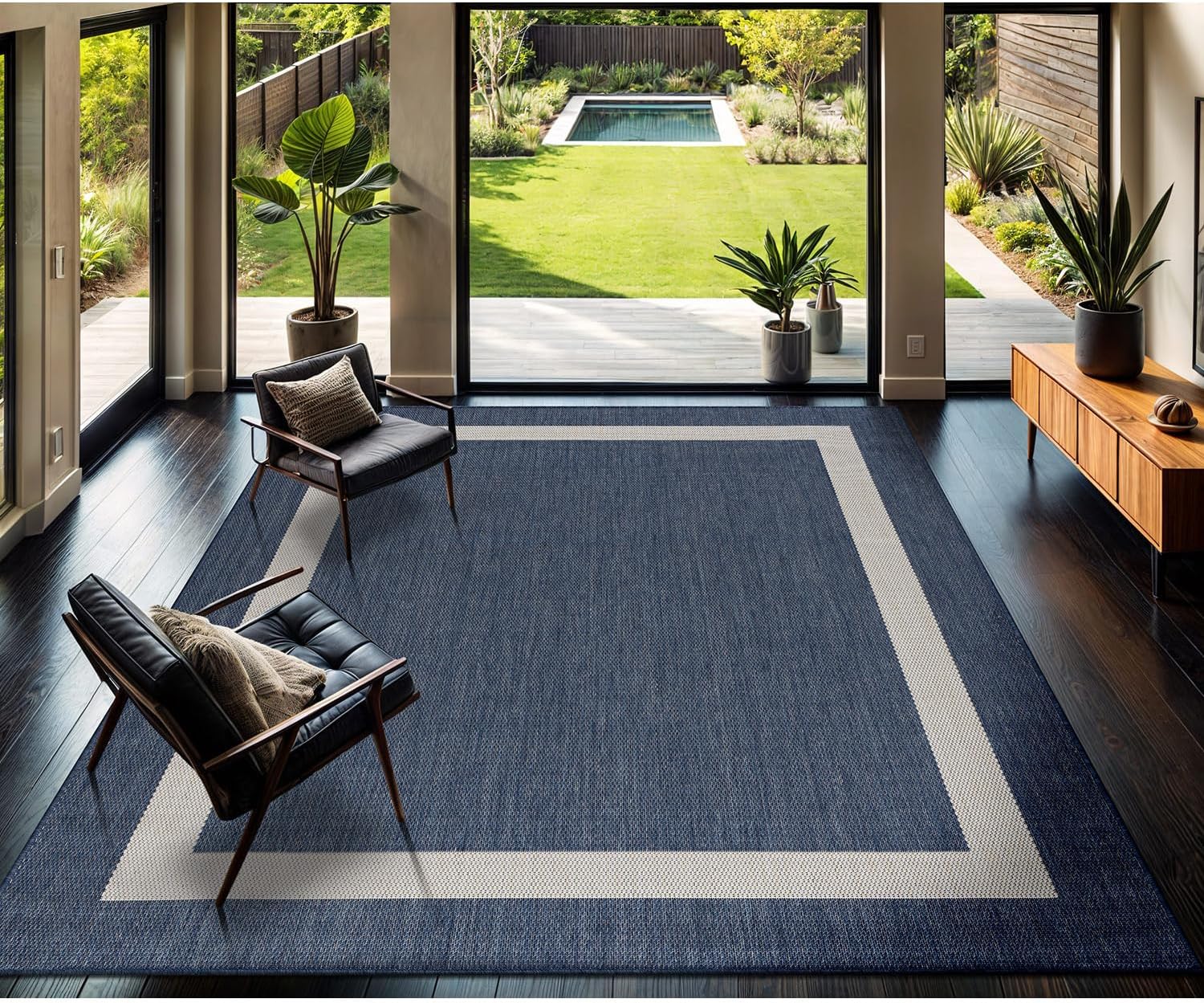 Outdoor Rug 9×12, Large Modern Outside Rugs for Patios Porches Waterproof Durable Washable Non-Shedding, Easy-to-Clean Indoor Outdoor Area Carpet (9 x 12, Bordered – Blue/White)