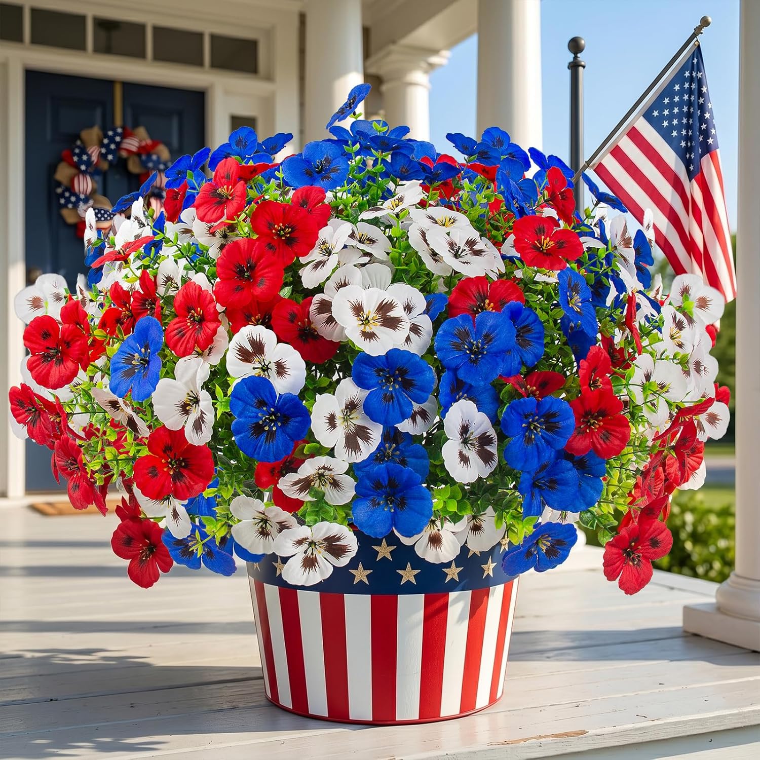 18 Pcs Artificial Fake Pansy Flowers for Outdoor, UV Resistant Faux Silk Pansies Patriotic Flowers for Outside for Planter Front Door Porch Patio Window 4th of July Home Decor (18, Red, White, Blue)