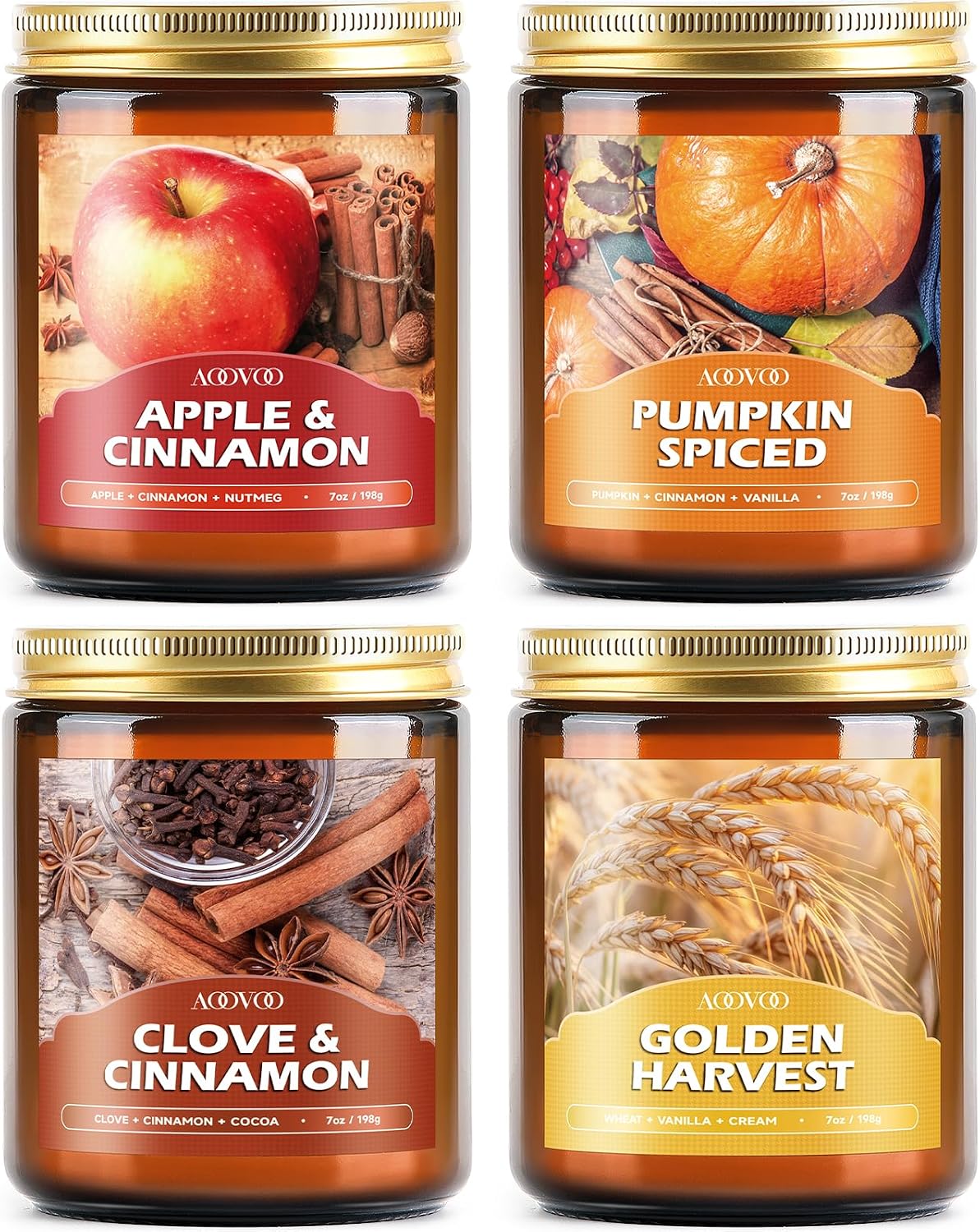 AOOVOO Fall Candles Set – 4 Pack Candles for Home Scented, 28 oz Natural Soy Wax 200 Hour Long Lasting, Autumn Gifts Set for Women Men Fall Fragrance of Pumpkin/Apple Cinnamon/Clove/Wheat Vanilla