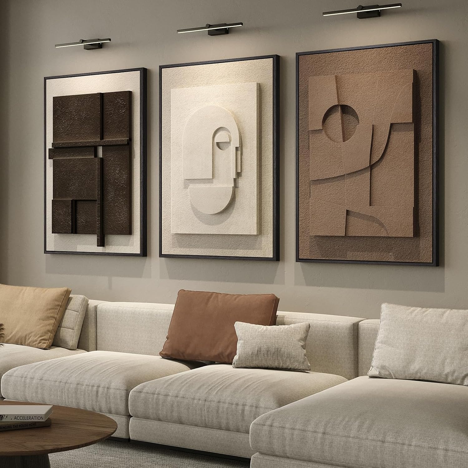 Large 3D Textured Framed Abstract Wall Art for Living Room, 3 Piece Modern Paintings Artwork for Walls, Black White Brown Geometric Sandstone Texture Pictures for Hallway Office Home Decor 24×36 In