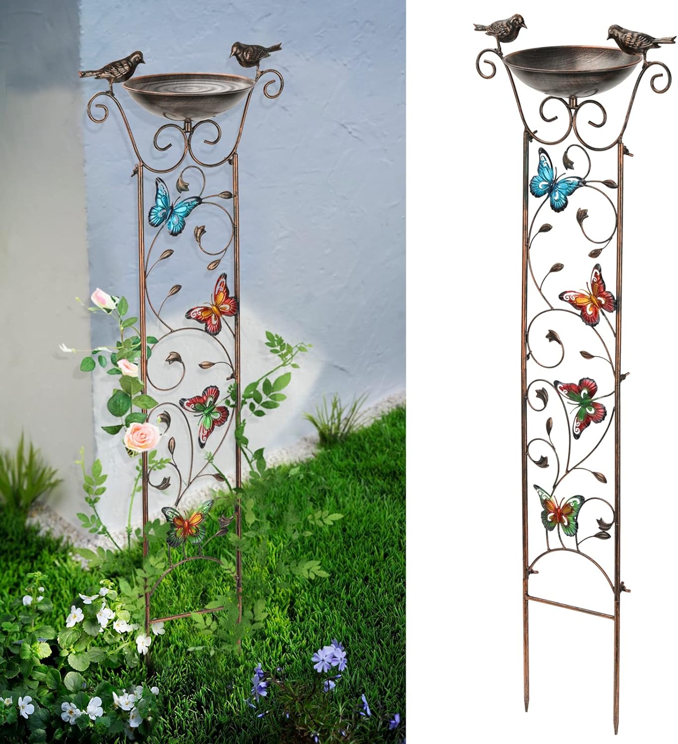 SUNNYPARK 43.5 Inch Metal Bird Bath Bowl with Garden Trellis Outdoor | Easy install, Garden birdbath and Plants Trellis 2 in 1, Decorative with Butterflies, Functional Decor for Yard Patio Lawn