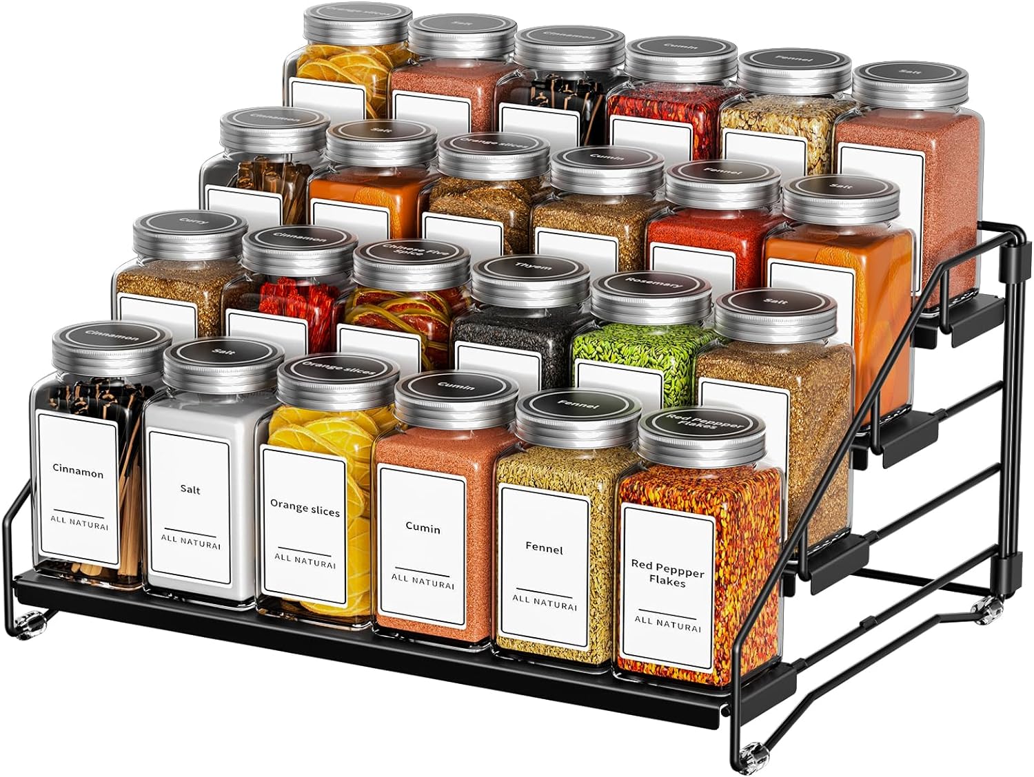 BOIVSHI 4 Tier Spice Rack for Cabinet, Spice Rack Organizer, Depth Adjustable Spice Holder for Countertop, Cupboard, Pantry, Seasoning Shelf, Metal, Black (1 Pack)