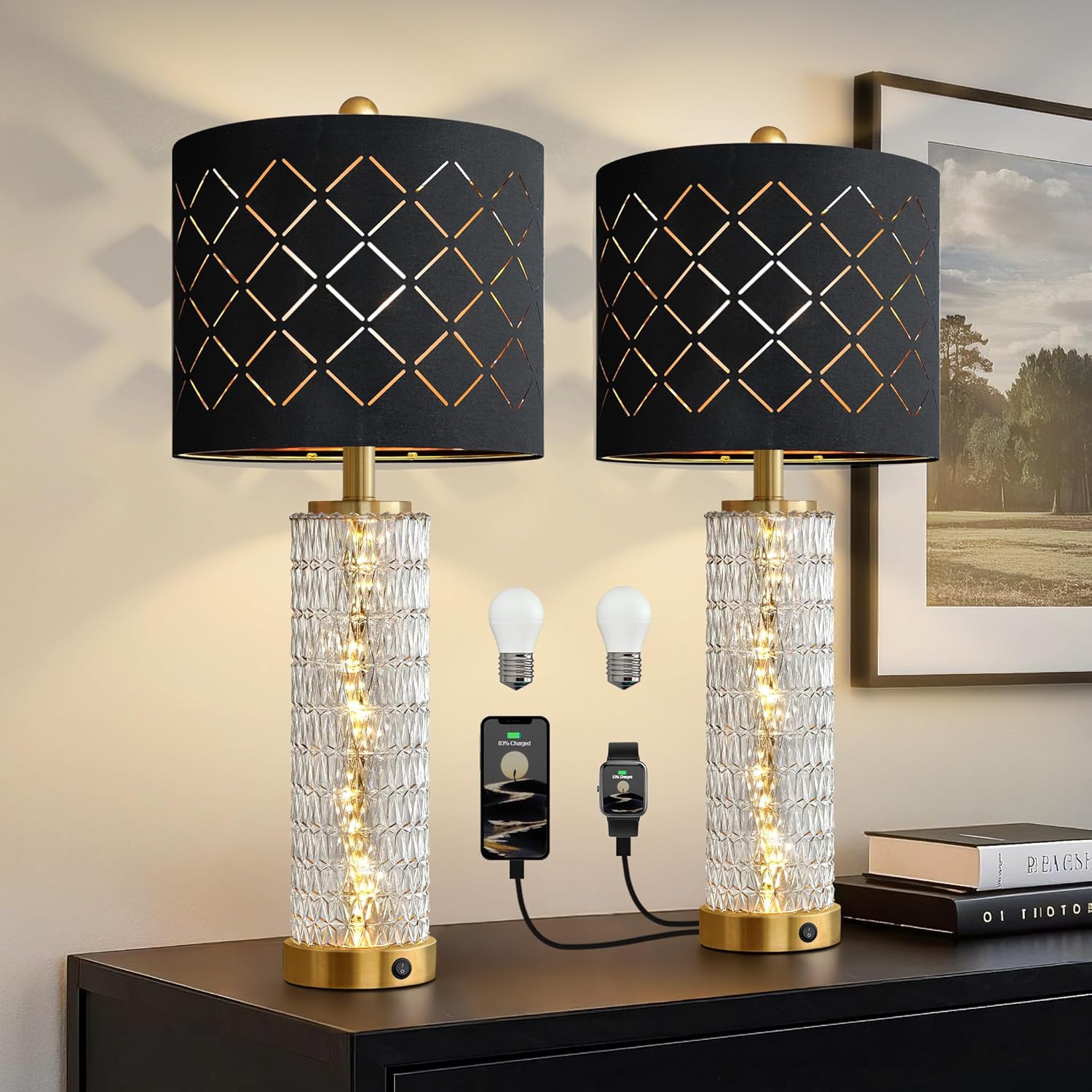 Oneach 27.75″ Modern Table Lamps Set of 2, Gold Bedside Lamp with Crystal Nightlight, USB A+C, Black Grid Shade, Unique Desk Lamps for Living Room, Bedroom, Nightstand, End Table (2 Bulbs Included)