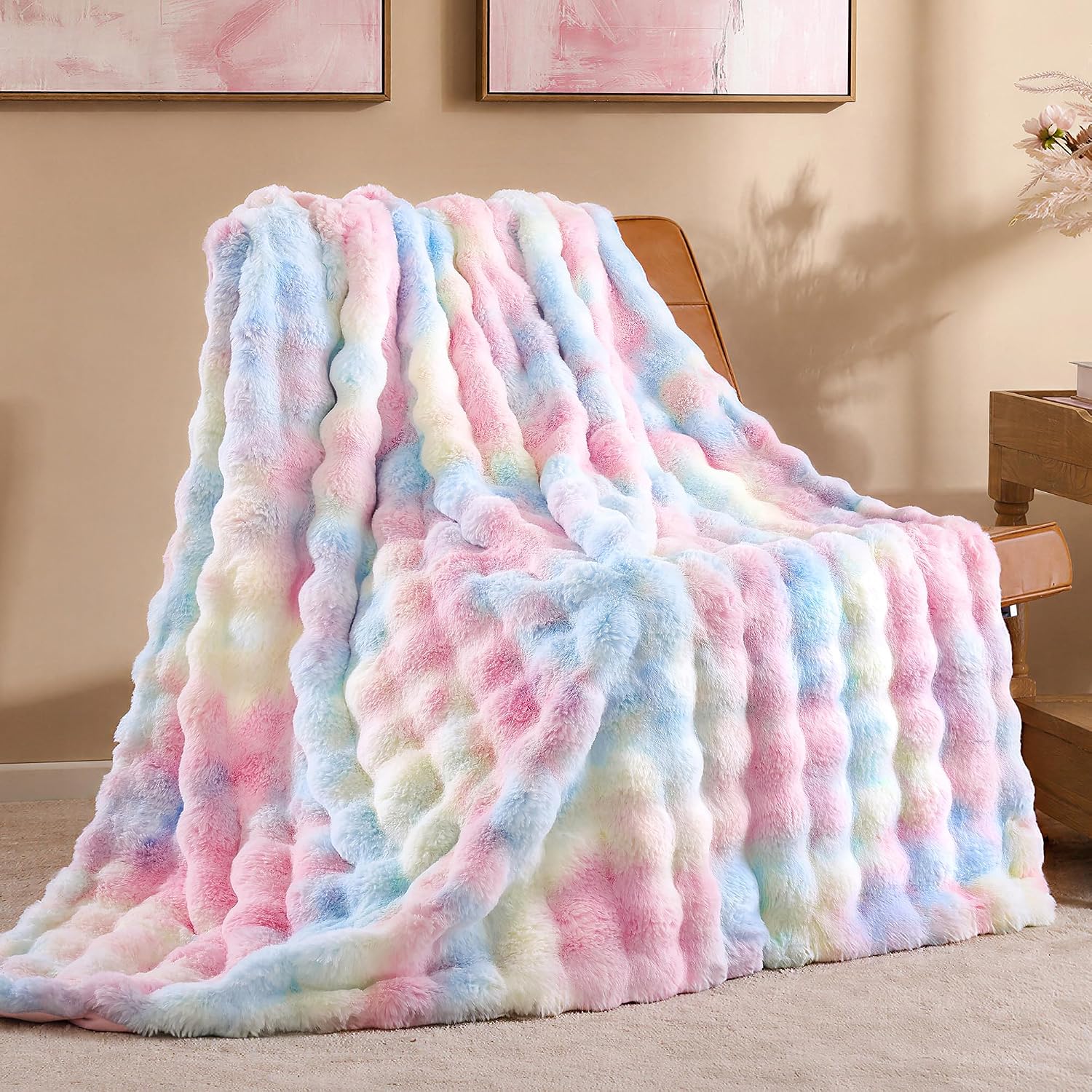 Smoofy Faux Fur Throw Blanket for Couch – Rainbow Super Soft Cozy Bubble Blanket, Fluffy Plush Fuzzy Throw for Sofa & Bed, Thick Lightweight Warm Blanket, Luxury Aesthetic Gift for Women 50″x60″