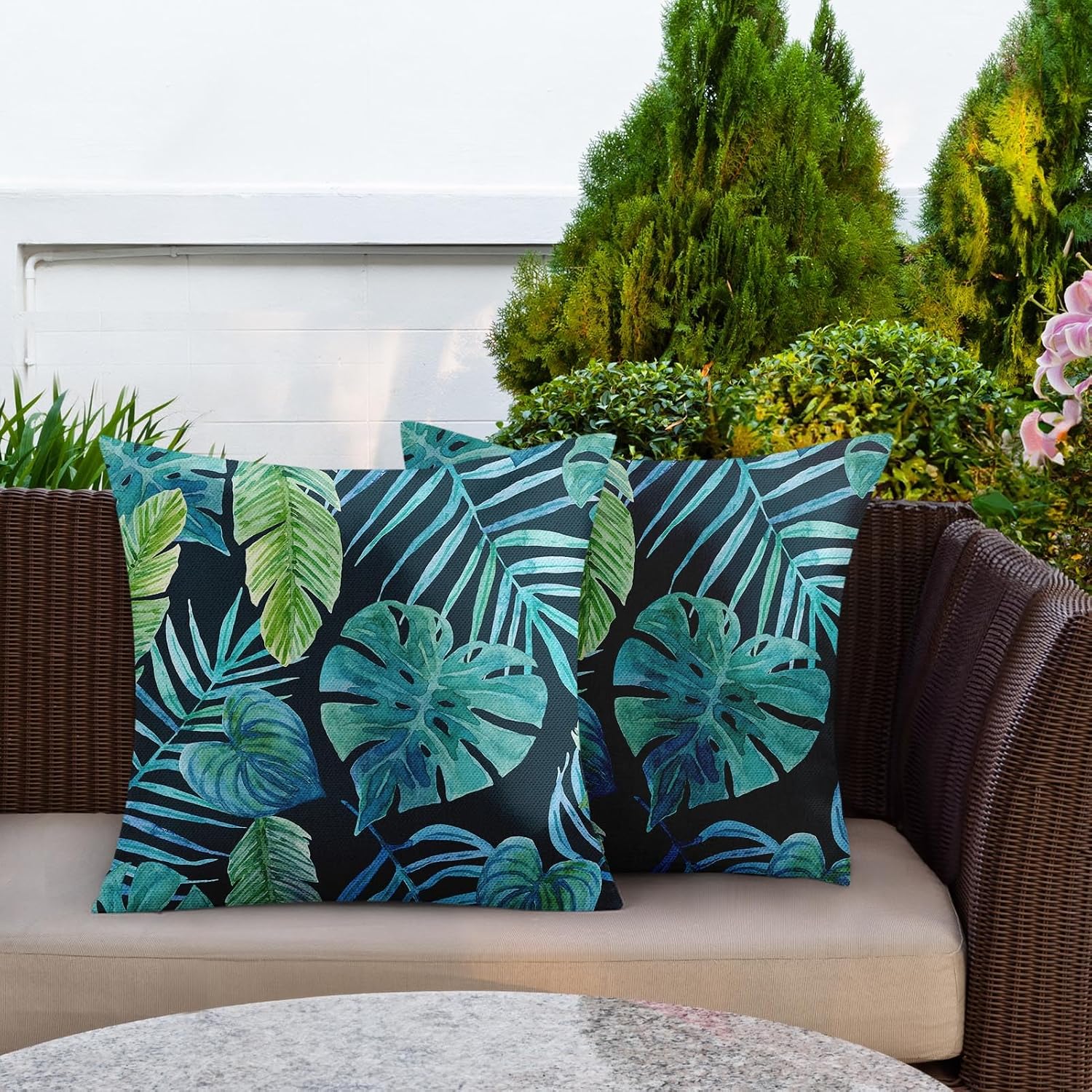 Outdoor Pillow Covers, Palm Leaf, Set of 2, Waterproof, 18 x 18Inch | Greenery Tropical Plants Outdoor Square Cushion Case Pillowcase Decorative Pillows Couch Beach Patio