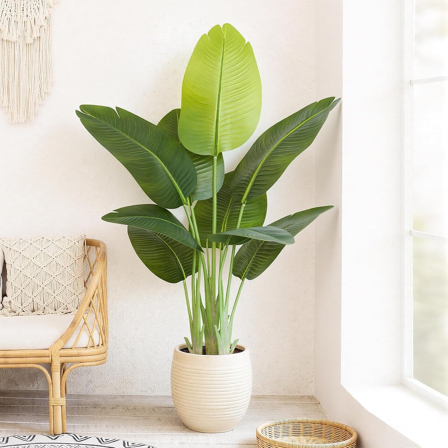 Lifelike Bird of Paradise Artificial Plant 4ft Faux Banana Leaf Tree with 9 Trunks for Home Decor – Perfect Indoor Silk Floor Plant for Living Room, Office, and Bedroom Ambiance Enhancement