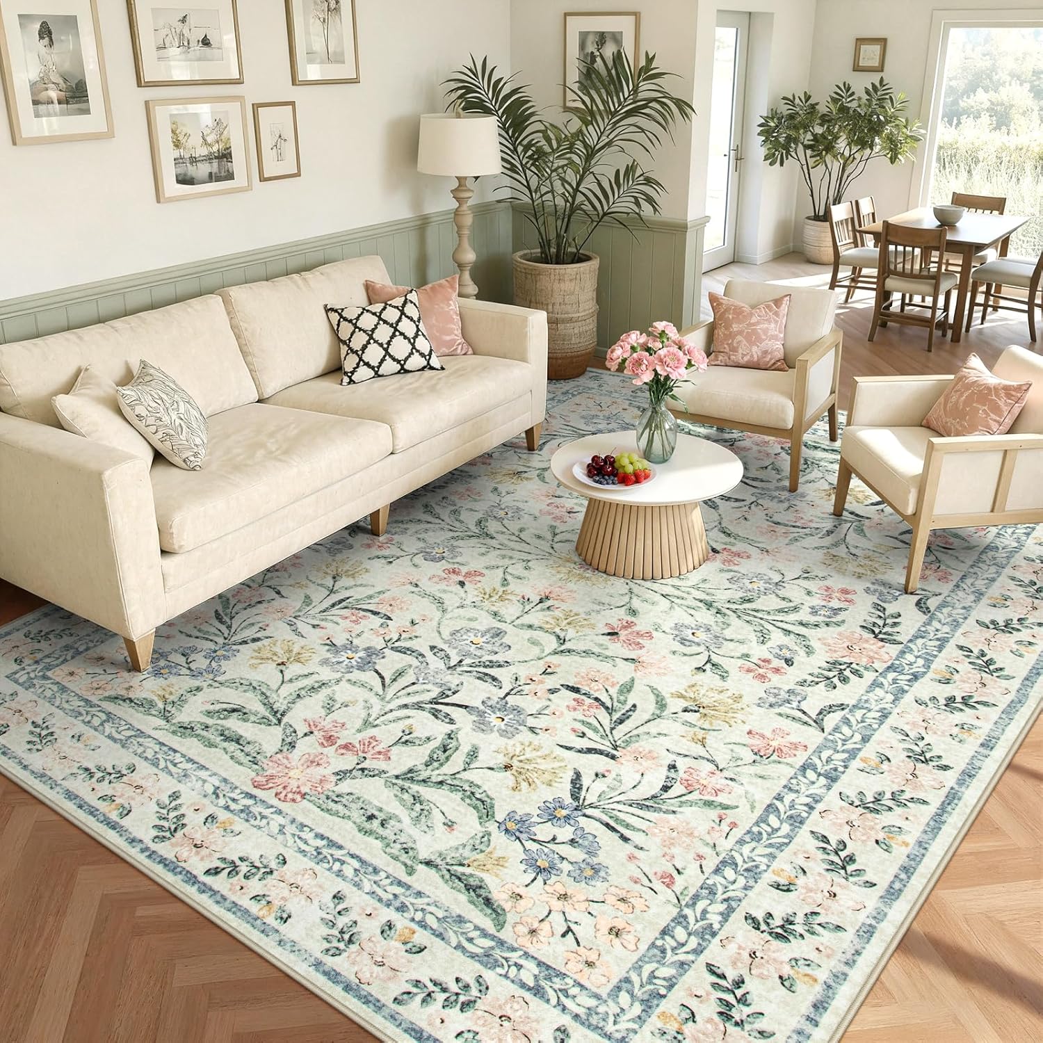 Wonnitar Boho Washable Rug 8×10, Large Area Rug for Living Room, Soft Floral Carpet for Bedroom Non Slip, 8 x 10 Indoor Beige Carpets for Nursery Dining Room Apartment Office Decor