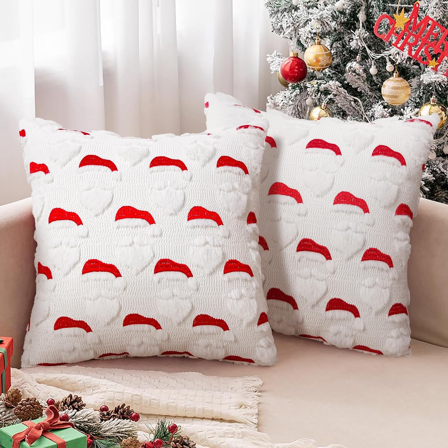 Pyonic Christmas Pillow Covers 18×18 Inch Set of 2 Jacquard 3D Xmas Embroidery Faux Fur Throw Pillows Cover Winter Holiday Season Cushion Covers Christmas Decorations