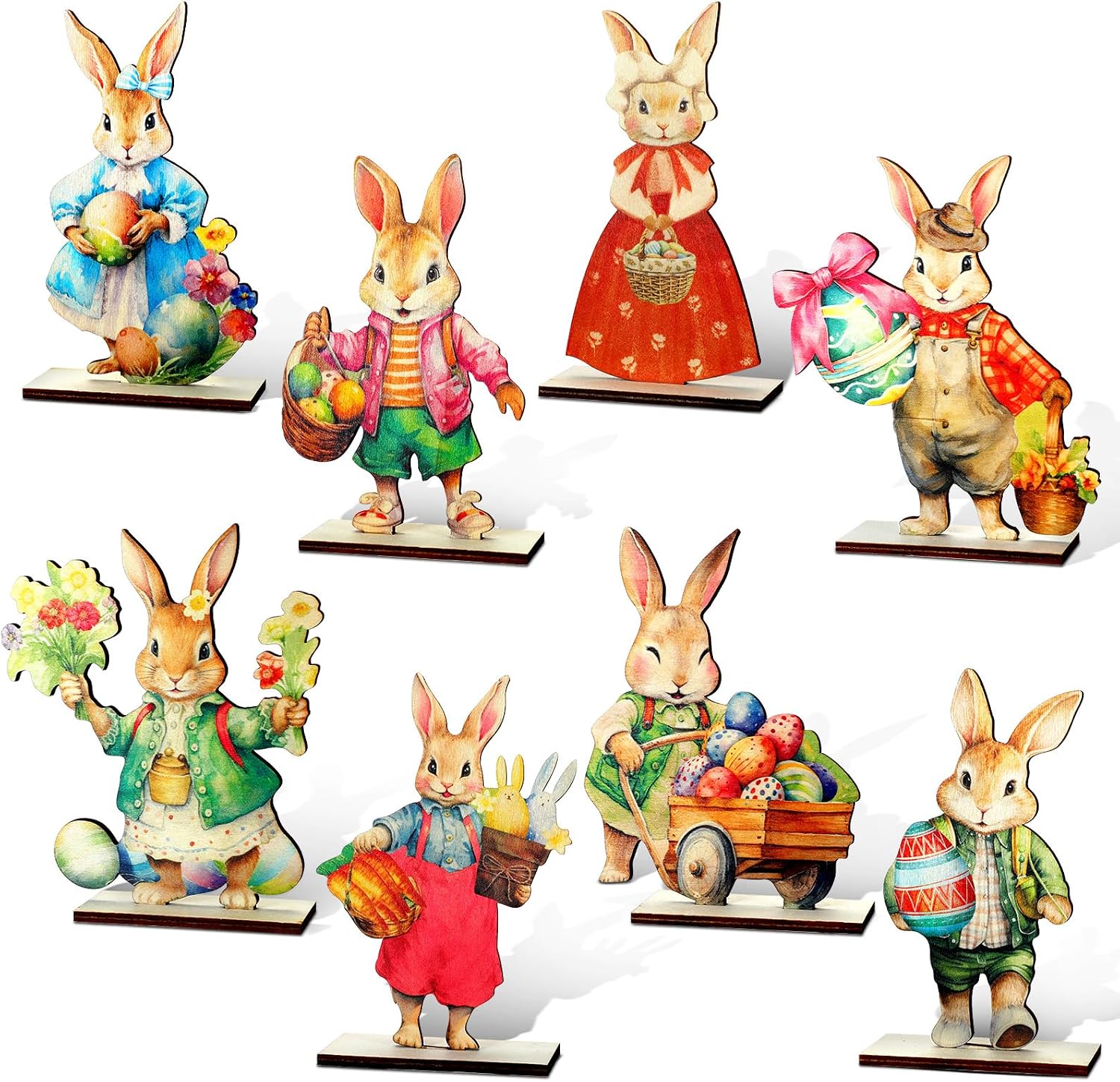 DoubleFill 8 Pcs Large Easter Table Decoration 9.51 In Vintage Easter Bunny Wooden Table Centerpiece Retro Rabbit Tabletop Sign Rustic Farmhouse Tiered Tray Decor for Spring Home Office Party Supplies