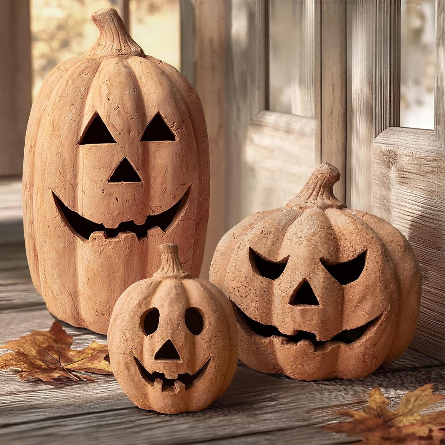 Fall Decor – Halloween Decorations – 7.5″H Handmade Terracotta Pumpkin Jack O’ Lantern Outdoor Indoor – Cute Halloween Autumn Farmhouse Table Festival Decoration for Home Porch Front Door Mantel Room