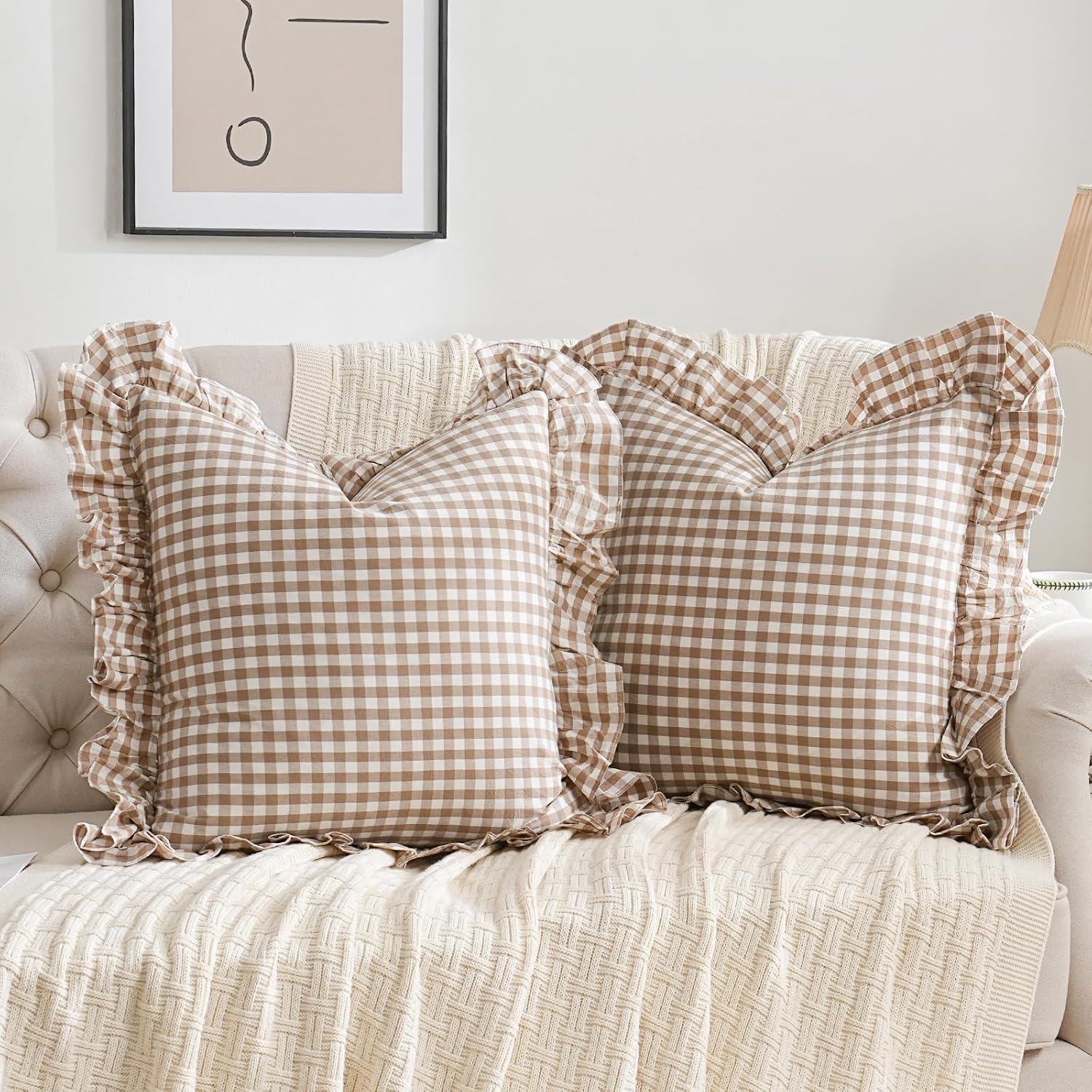 2 Pack Taupe/Brown Plaid Ruffle Throw Pillow Covers Farmhouse Checkered Chic Washed Cotton Pillowcases Gingham Pillow Shams for Bed, Sofa, Living Room-20″x20″ Brown