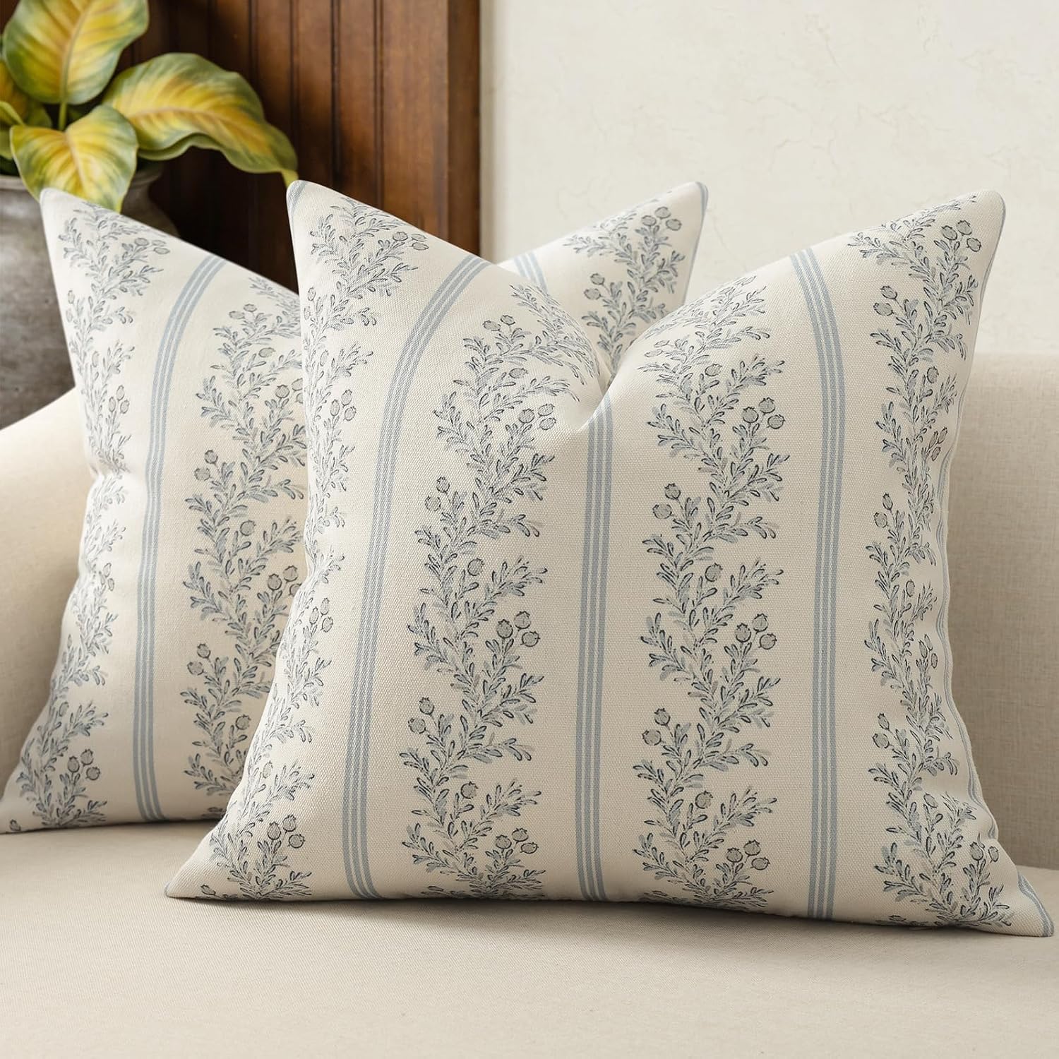 Vintage Throw Pillow Covers 20×20 Set of 2, Striped Floral Pillow Cover Botanical Patterned Decorative Cushion Covers Modern Farmhouse Home Decor for Sofa Couch Bed Living Room, Light Blue
