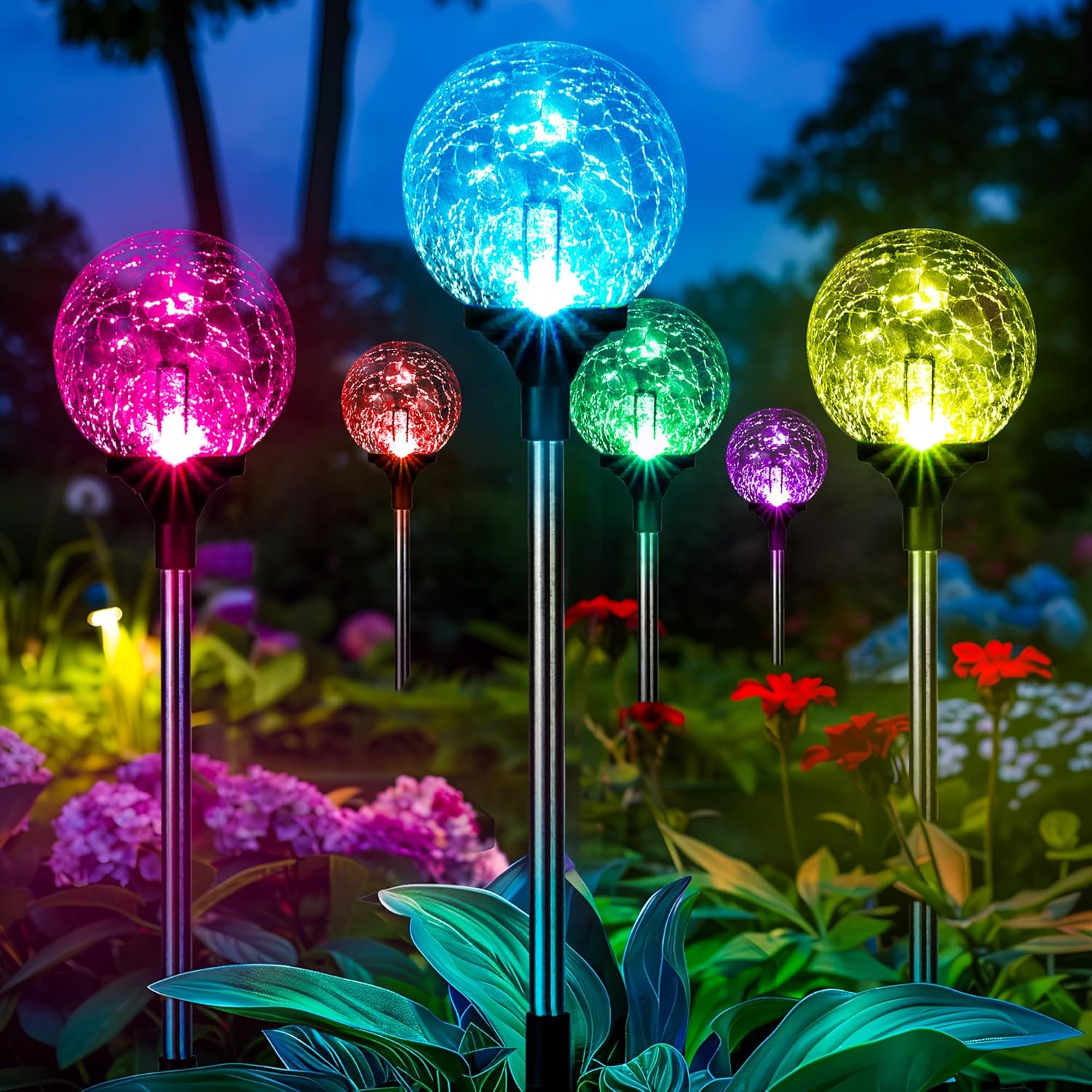GIGALUMI Solar Garden Lights 6 Pack, Solar Lights Outdoor Decorative Waterproof, Outdoor Solar Lights for Yard Decorations, Multi-Colored Changing Garden Globe Cracked Glass Ball with LED Lights
