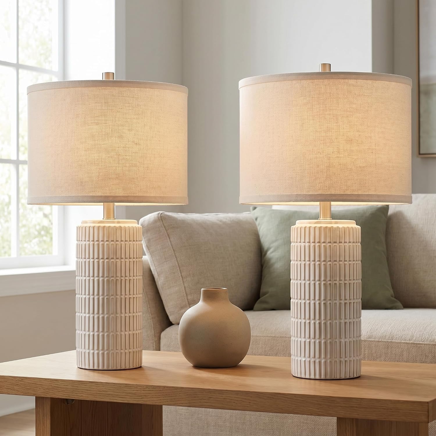 AIEAMPDO 23” Set of 2 Modern Ceramic Table Lamps for Living Room Bedroom, Nightstand Farmhouse Beige White Desk Lamp for Bedside End Table Entryway, 2 LED Bulbs Included