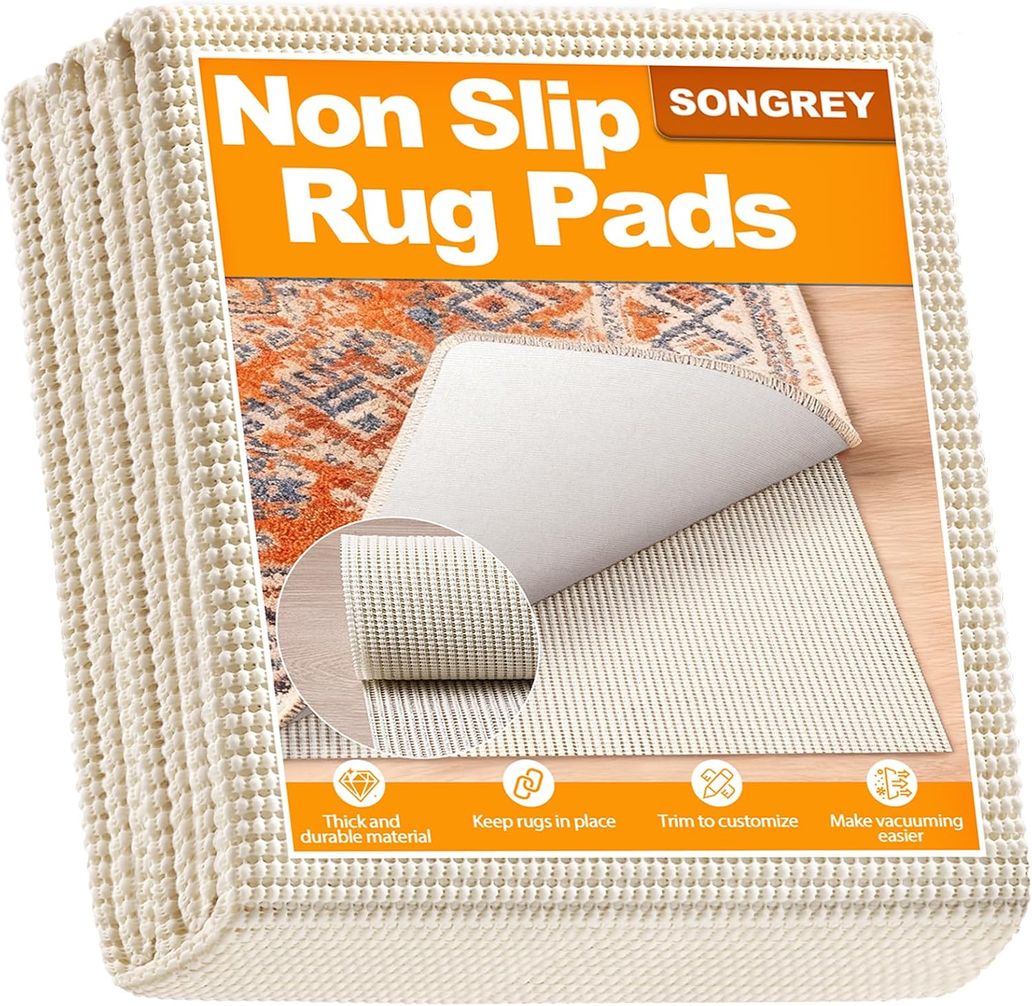 Songrey Non-Slip Rug Pad 5×7 FT, Extra Thick Carpet Pads for Hard Surfaces, Prevents Sliding and Secures Rugs, Provides Floor Protection with Comfort Cushioning