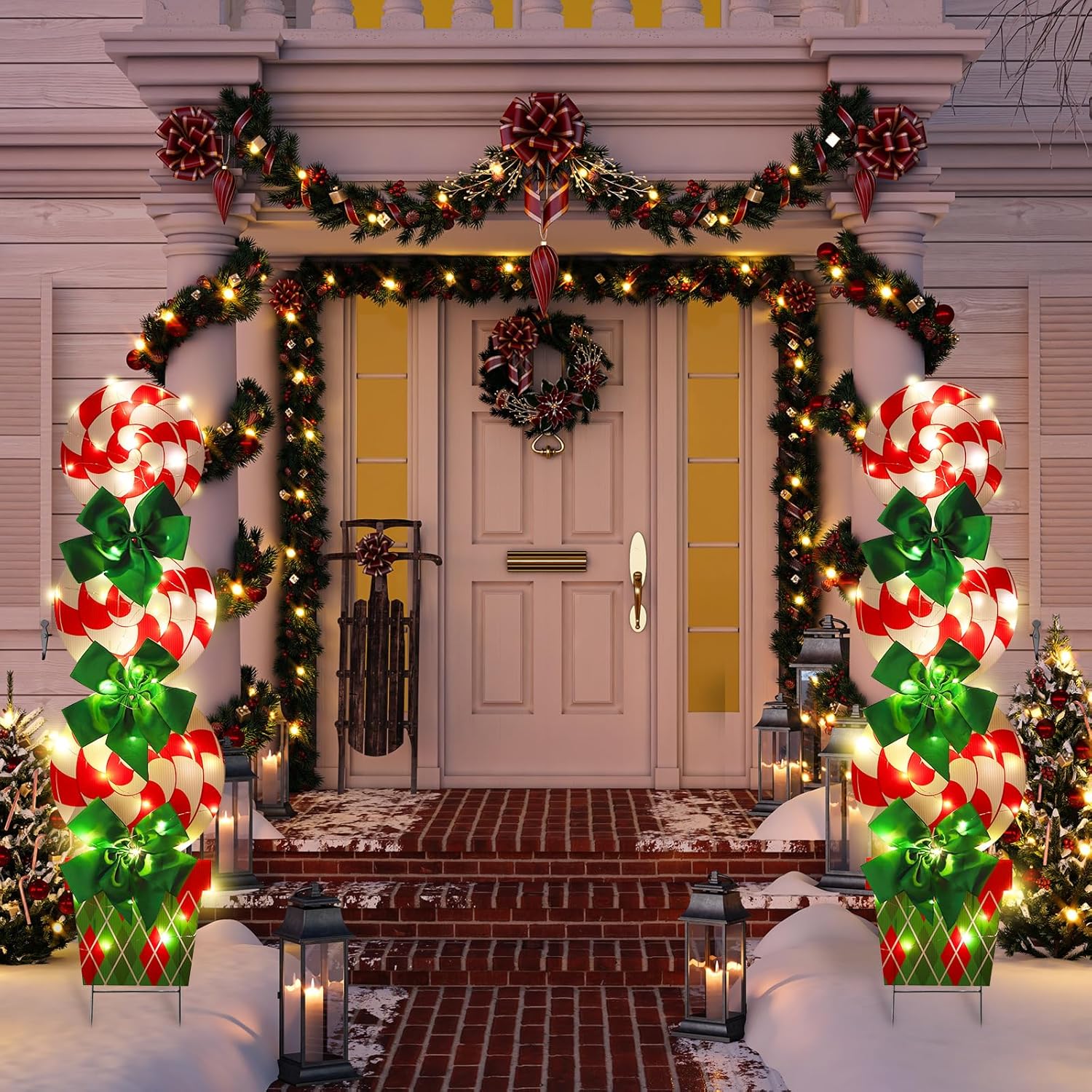Skylety 2 Sets Christmas Peppermint Cane Candy Outdoor Decorations with 44 Inch Lawn Yard Stake with LED String Lights for Green Christmas Front Door Home Farmhouse Garden Outside Party(2 Sets)