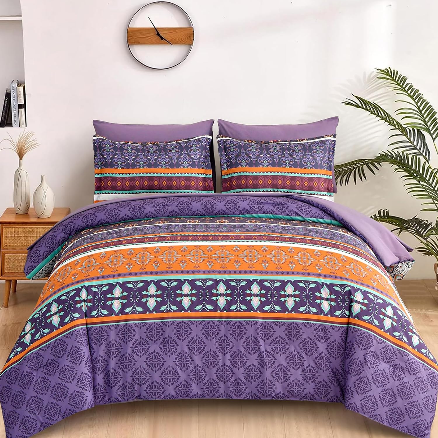 WONGS BEDDING Boho Comforter Set Queen Size,7 Pieces Bohemian Comforter Bedding Set Bed in a Bag,Purple Paisley Floral Comfortet with Sheet Set,Soft Microfiber Striped Bedding Sets for All Season