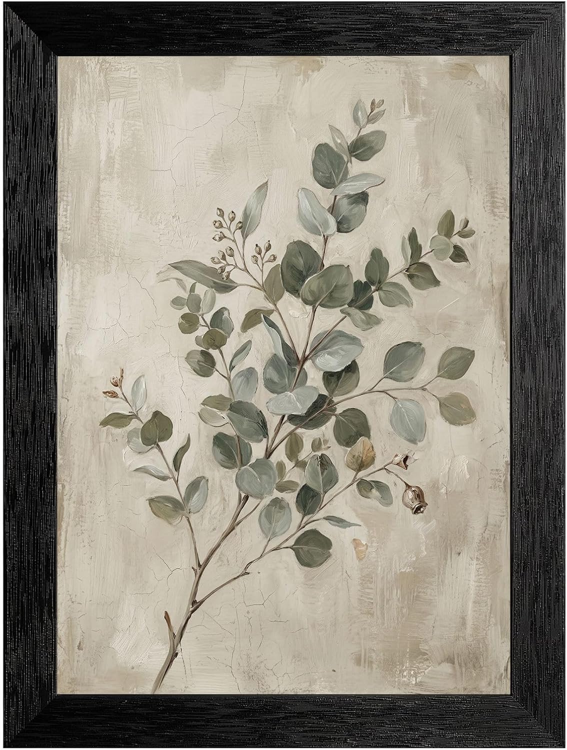 Vintage Botanical Eucalyptus Framed Wall Art – Muted Green and Grey Oil Painting with Textured Plaster Effect – Premium Black Frame Minimalist Decor – Ready to Hang Art Piece – 12×16 Inch