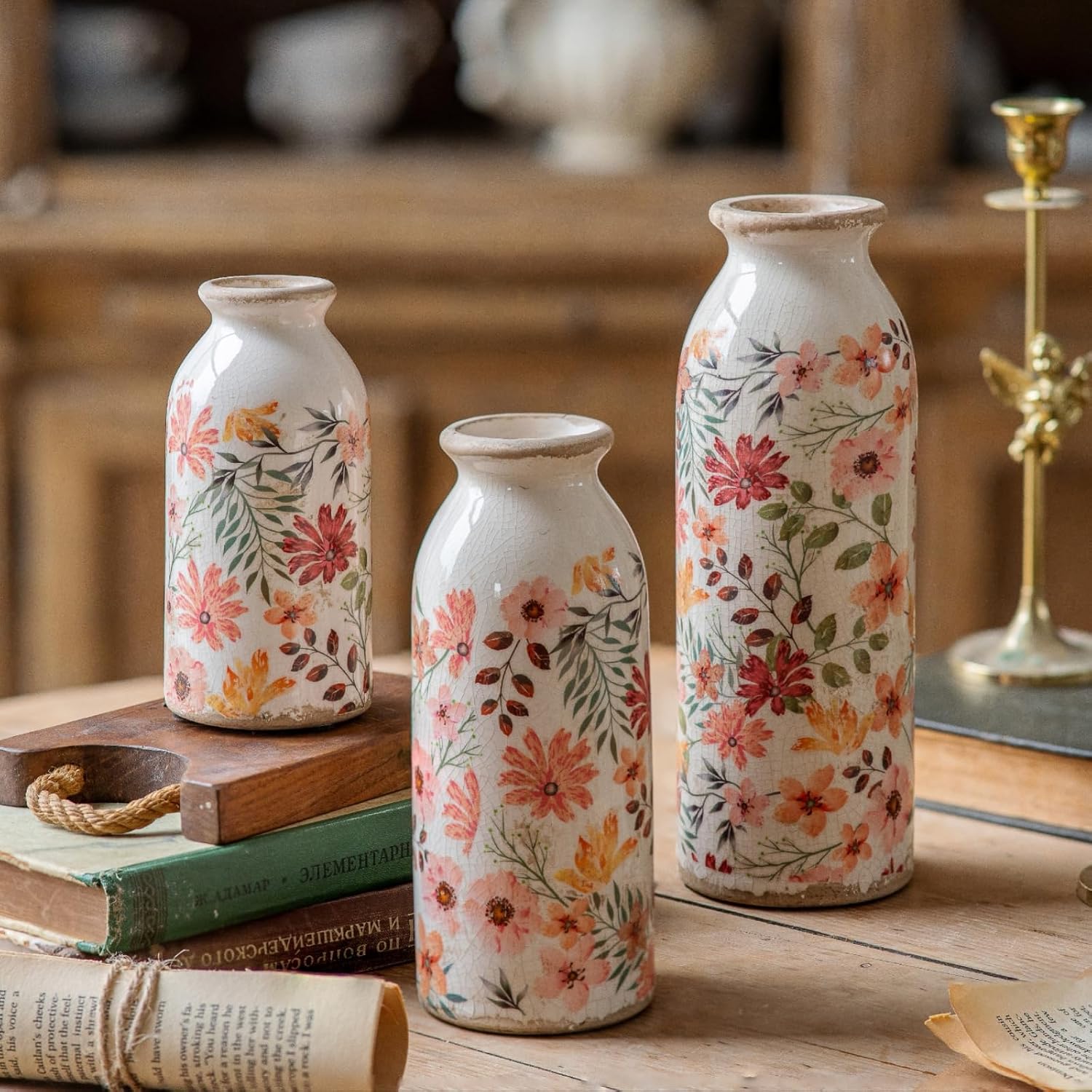 Vintage Vase Set of 3, Ceramic Vintage Flower Vases, Chinoiserie Decorative Home Decor Retro Floral Vase Rustic Farmhouse Decor for Table Bookshelf Mantel Kitchen Living Room Office – Colorful Daisy