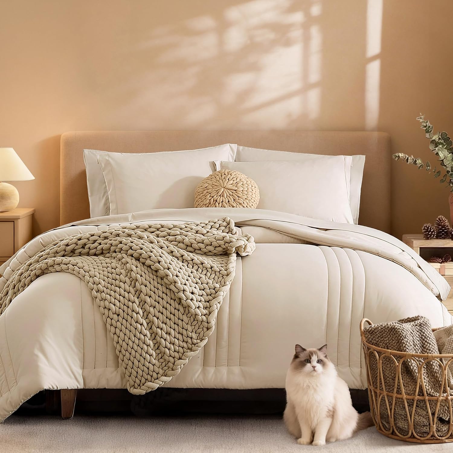 Queen Comforter Set-7 Pieces Beige Soft Bed in a Bag Queen Bedding Sets | Monbix All-Season Vertical Quilted Comforter with Sheets, Pillow Shams & Pillowcases