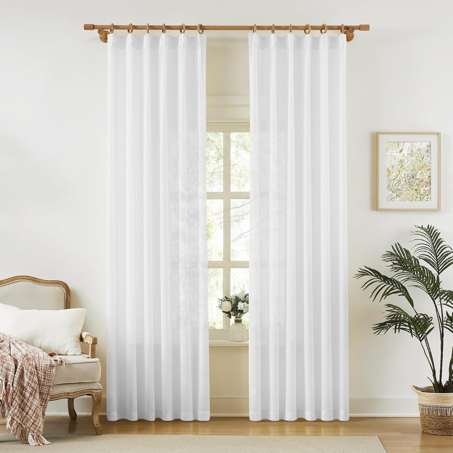 KangBang White Pinch Pleated Sheer Curtains 84 Inches Long 2 Panels | Tree Branch Texture, Light Filtering Sheer, Adjustable Hooks, Soft & Breathable, Elegant Bedroom Decor, 42Wx84L