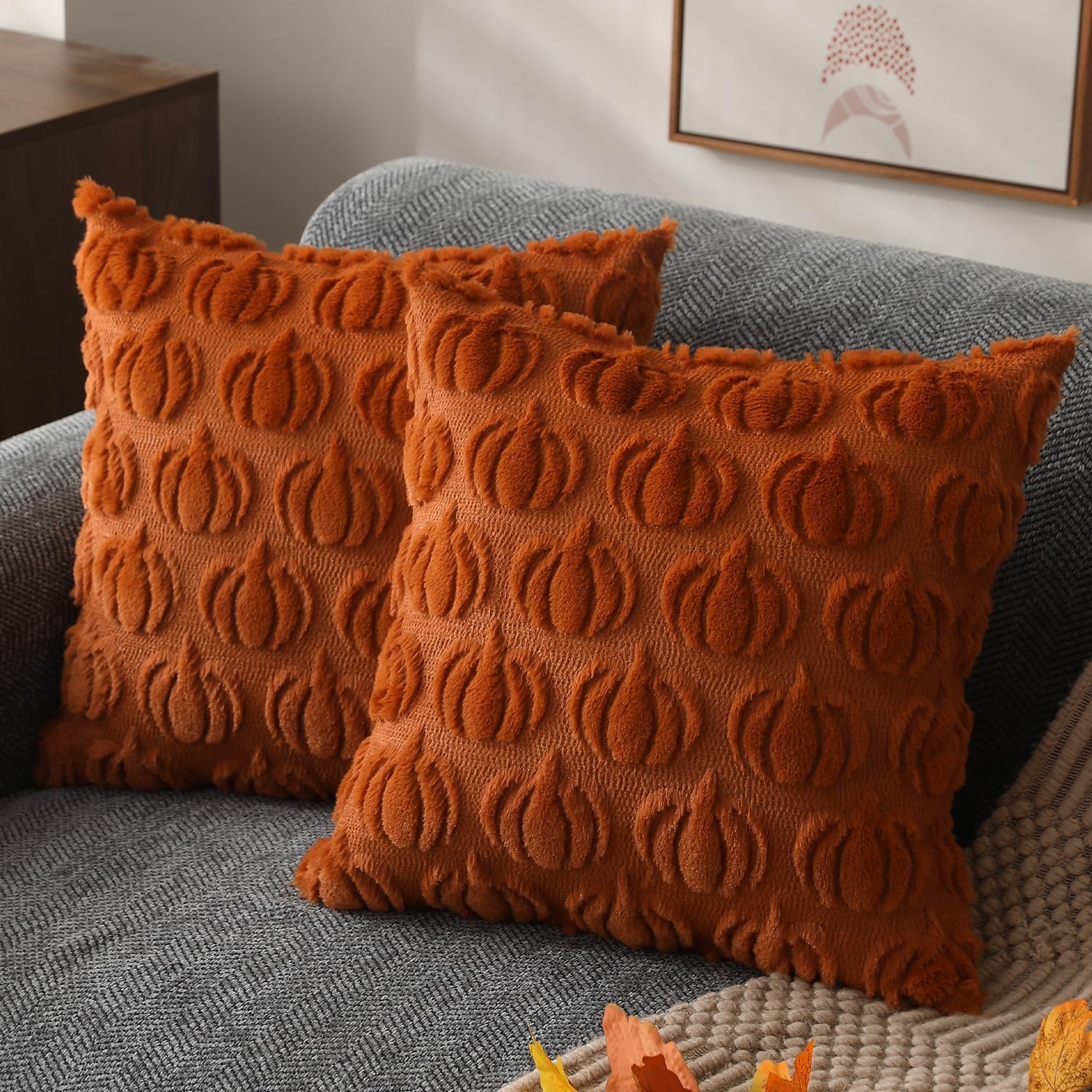 DFXSZ Fall Pillow Covers 18×18 Set of 2 Fall Decorations Autumn Rust Pumpkin Throw Pillow Cases Soft Plush Faux Fur Wool Couch Cushion Case for Chair Sofa Bedroom Living Room Home Decor PTK02A18