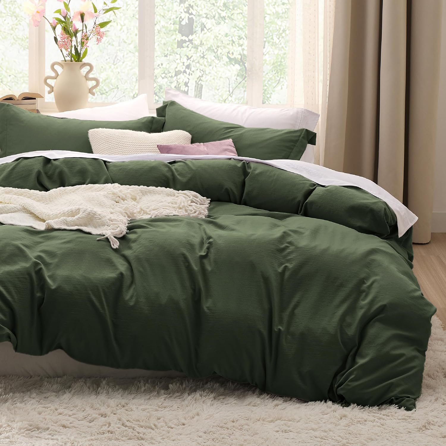 Bedsure Prewashed Duvet Cover King, Cotton-Like Bedding Set, Olive Green | Ultra Soft, Relaxed Texture, Breathable Comfort, Hidden Zipper, 8 Corner Ties, Easy Care, OEKO-TEX Certified, Year-Round Use