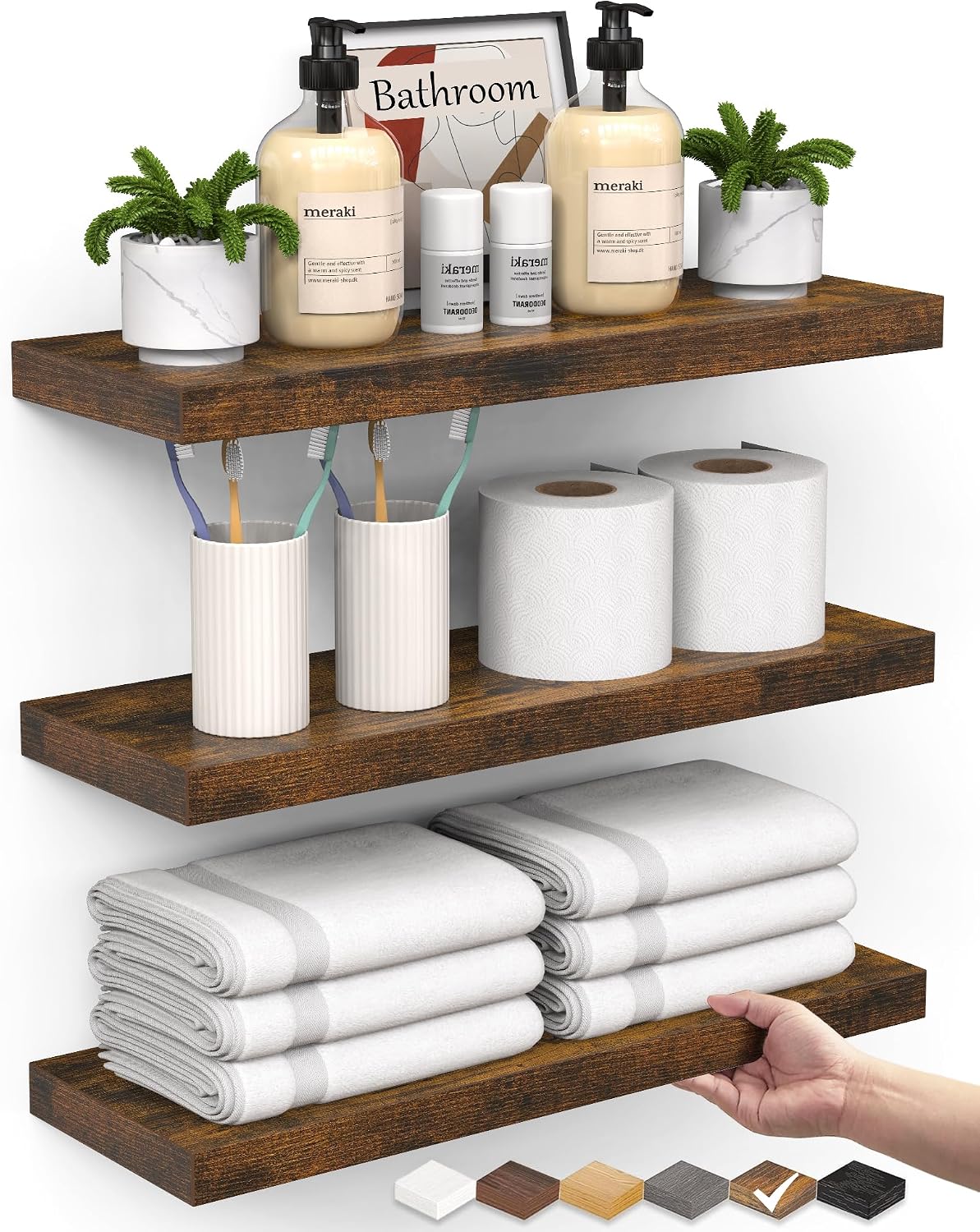 BAYKA Rustic Brown Bathroom Floating Shelves, 15.7in, 3Pk, Wall Mount Shelf | 22lbs Max Load, Hidden Bracket, for Living Room Bedroom Kitchen Display Storage Decor, Easy Install, Multi-Wall Compatible