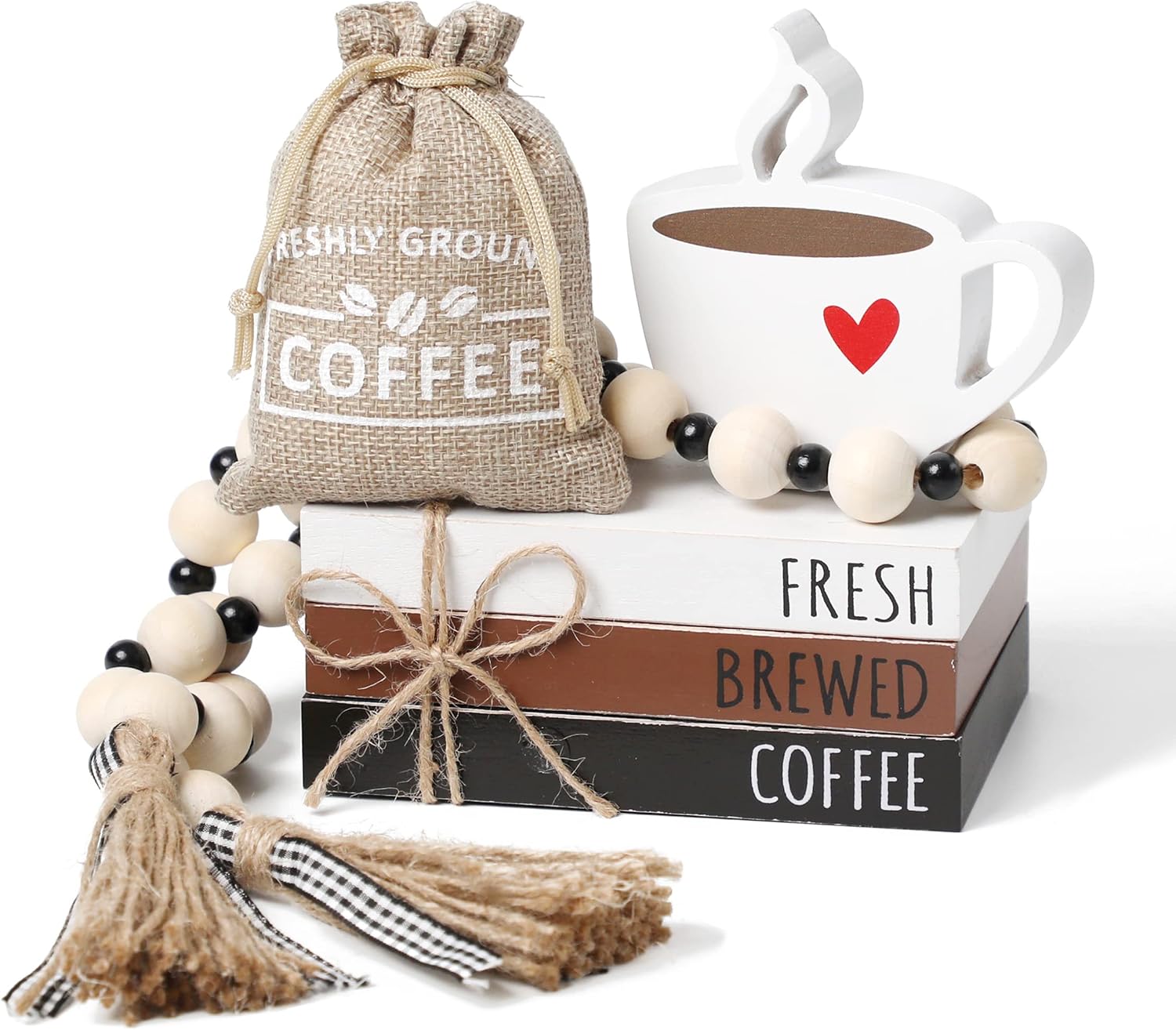 Coffee Bar Decor, 6 PCS Coffee Bar Sign Decorations Coffee Station Decor | Wooden Book Stacks with Bead Garland Coffees Bar Accessories for Tiered Tray Table Shelf Kitchen Rustic Farmhouse Home Decor
