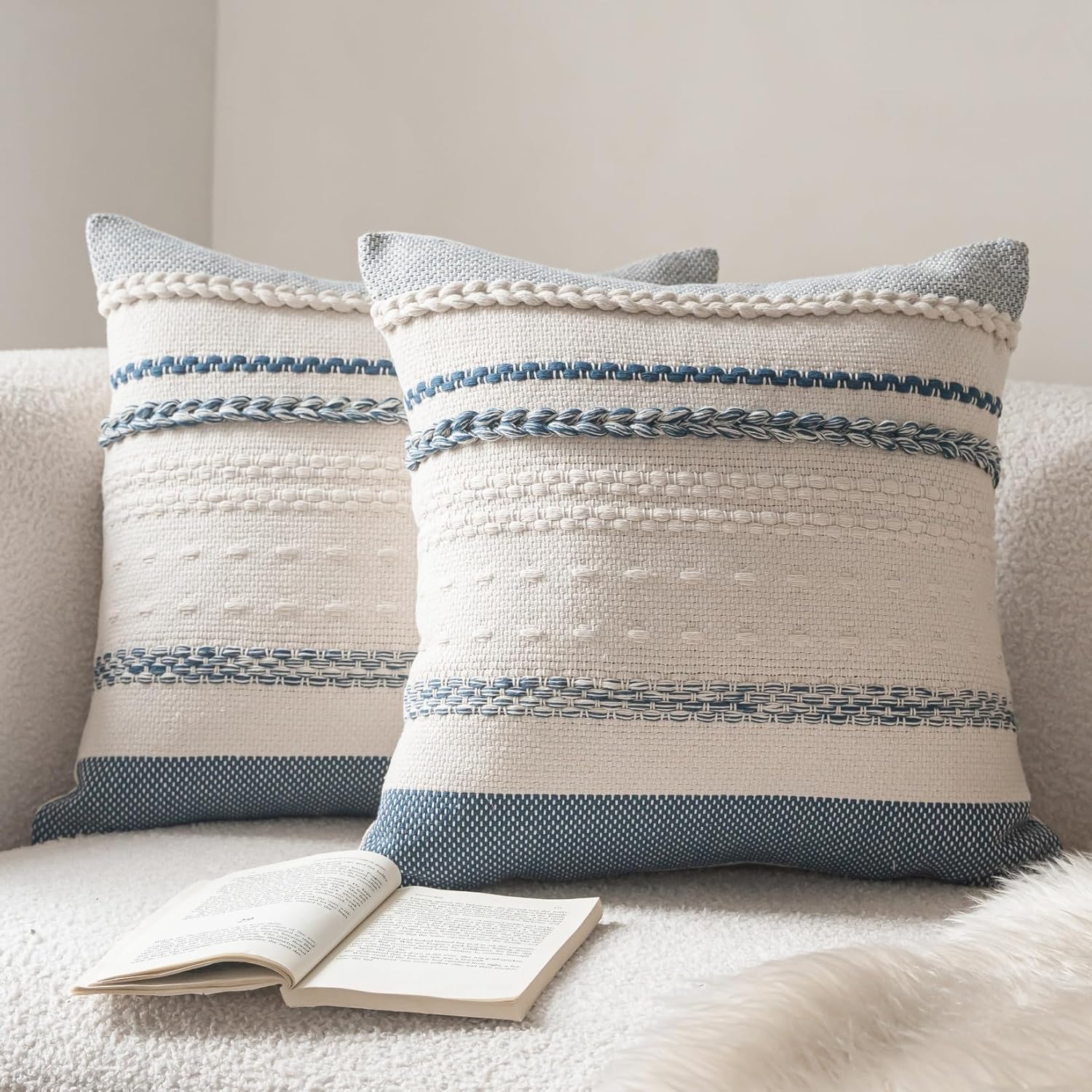 Cethom Boho Throw Pillow Covers 18×18 Inch Set of 2, Blue Textured Decorative Couch Pillow Cases for Farmhouse Home Decor, Accent Cushion Cover for Sofa, Bed, Living Room, Bedroom
