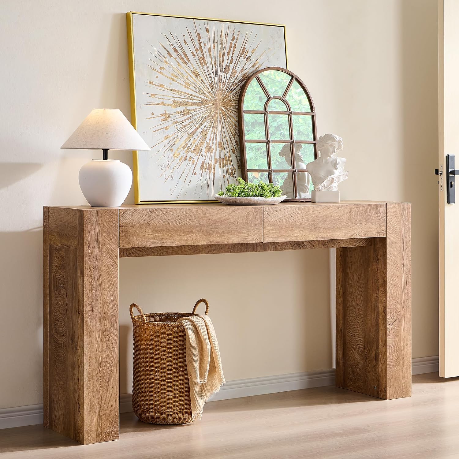 OKD Modern Entryway Console Table, Sofa Table with Drawers, 63″ Long Hall Table Behind Couch, Thick Wood Design for Living Room, Hallway – Light Knotty Oak