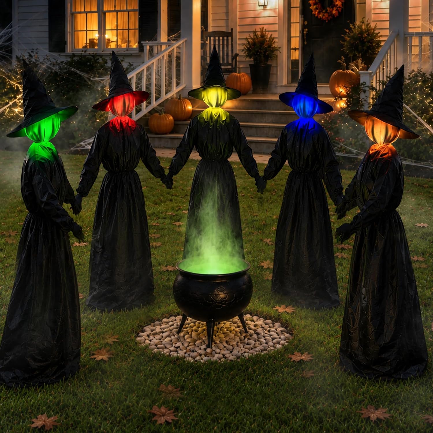 Halloween Decorations Outdoor – 5 Pack 4.3 FT Light Up Holding Hands Witches with Color Changing Glowing Faces – Halloween Witch Decor with Stake for Yard Lawn Garden Porch Haunted House Decor