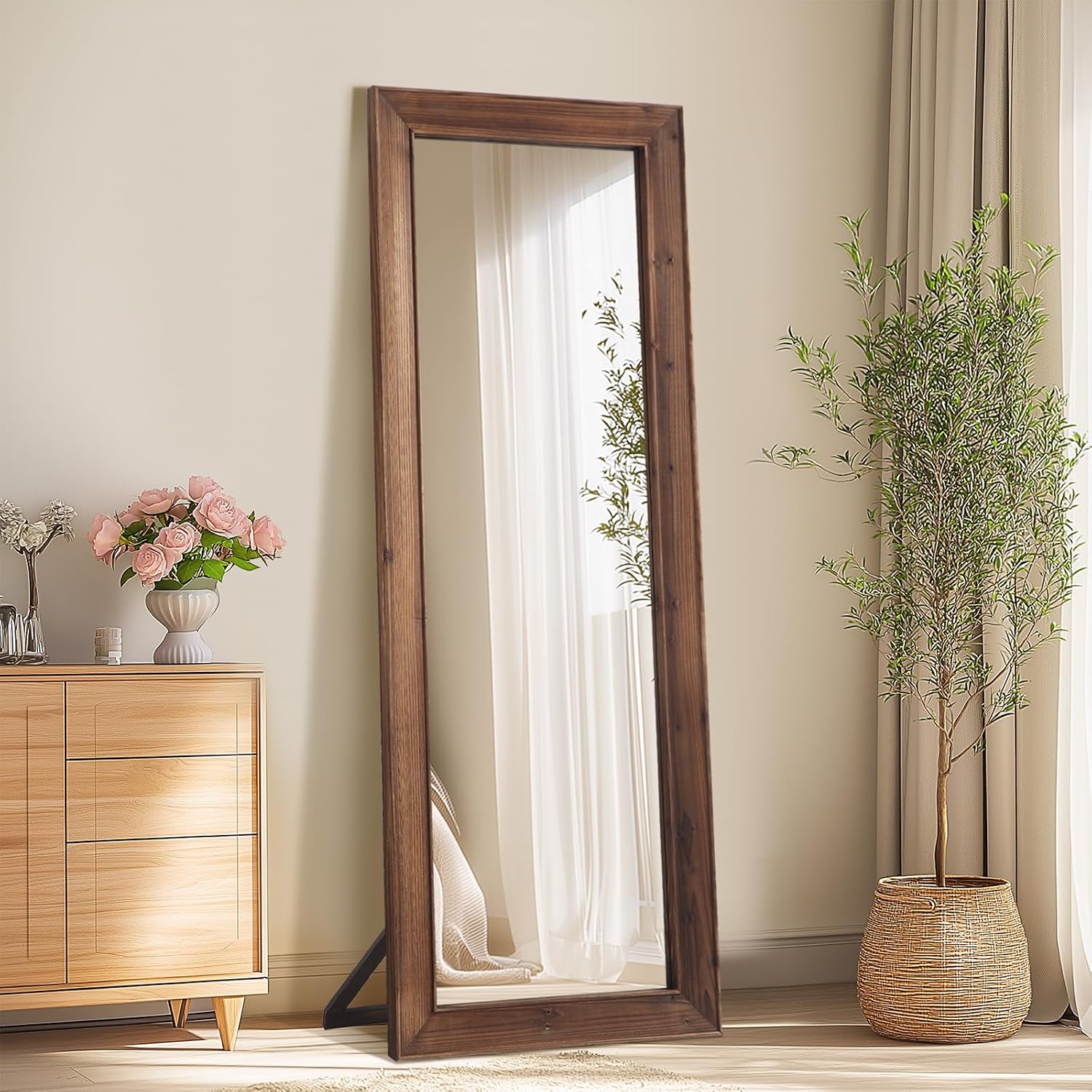 Rustic Farmhouse Full Length Mirror, 64″x21″ Wood Floor Mirror | Free Standing, Leaning Wall, Hanging, for Bedroom Living Room Cloakroom, Rustic Brown