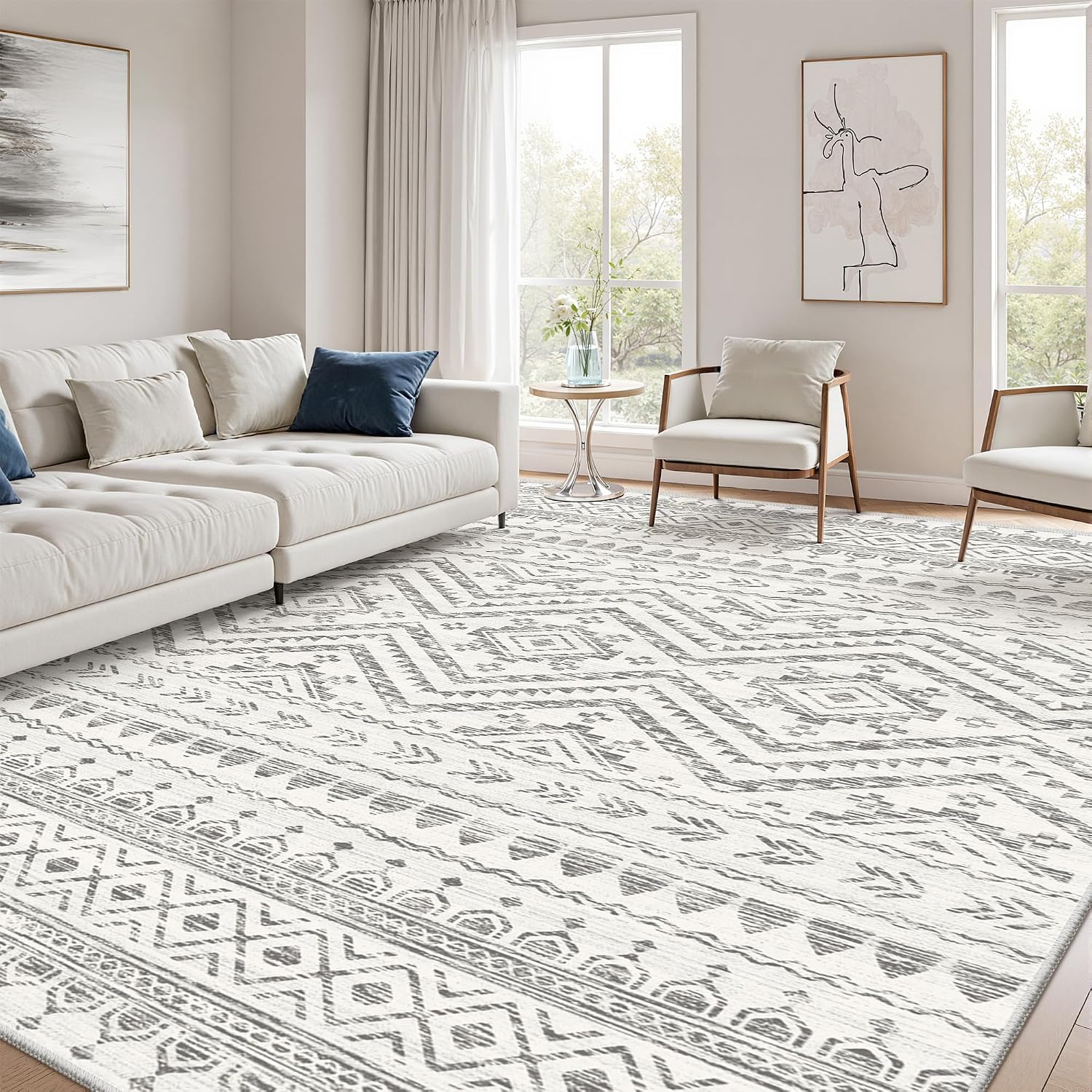 Miukiki 8×10 Area Rug for Living Room, Washable Soft Non Slip Rug Grey | Moroccan Large Indoor Rug for Kitchen Bedroom Dining Room Office, Low Pile Soft Floor Carpet Home Decor 8’x10′