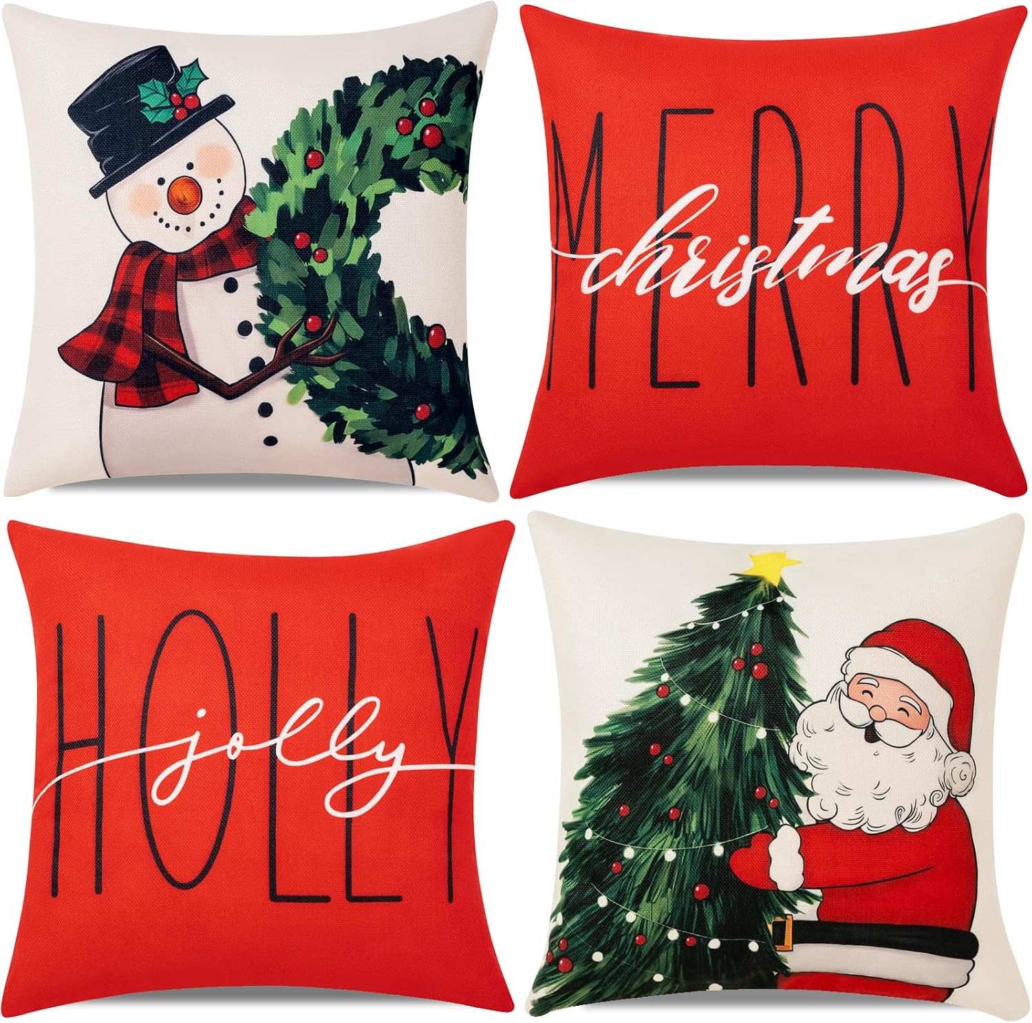 Hongsome Christmas Throw Pillow Covers 18×18 in Set of 4 Decorations,Decorative Snowman Santa Pillow Case for Couch Sofa Winter Holiday Indoor Outdoor Home Red White Xams Decor