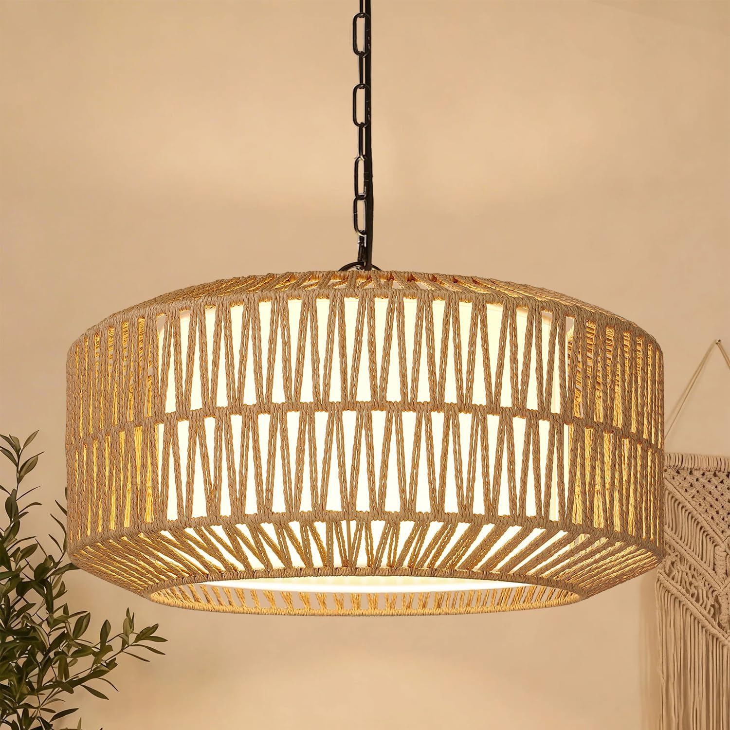 9″-52″ Height Adjustable Farmhouse Chandelier Light Fixture, 5-Light Rattan Boho Chandeliers for Dining Room, Hand Woven Pendant Light with Linen Shade, Rustic Hanging Lighting for Kitchen Island