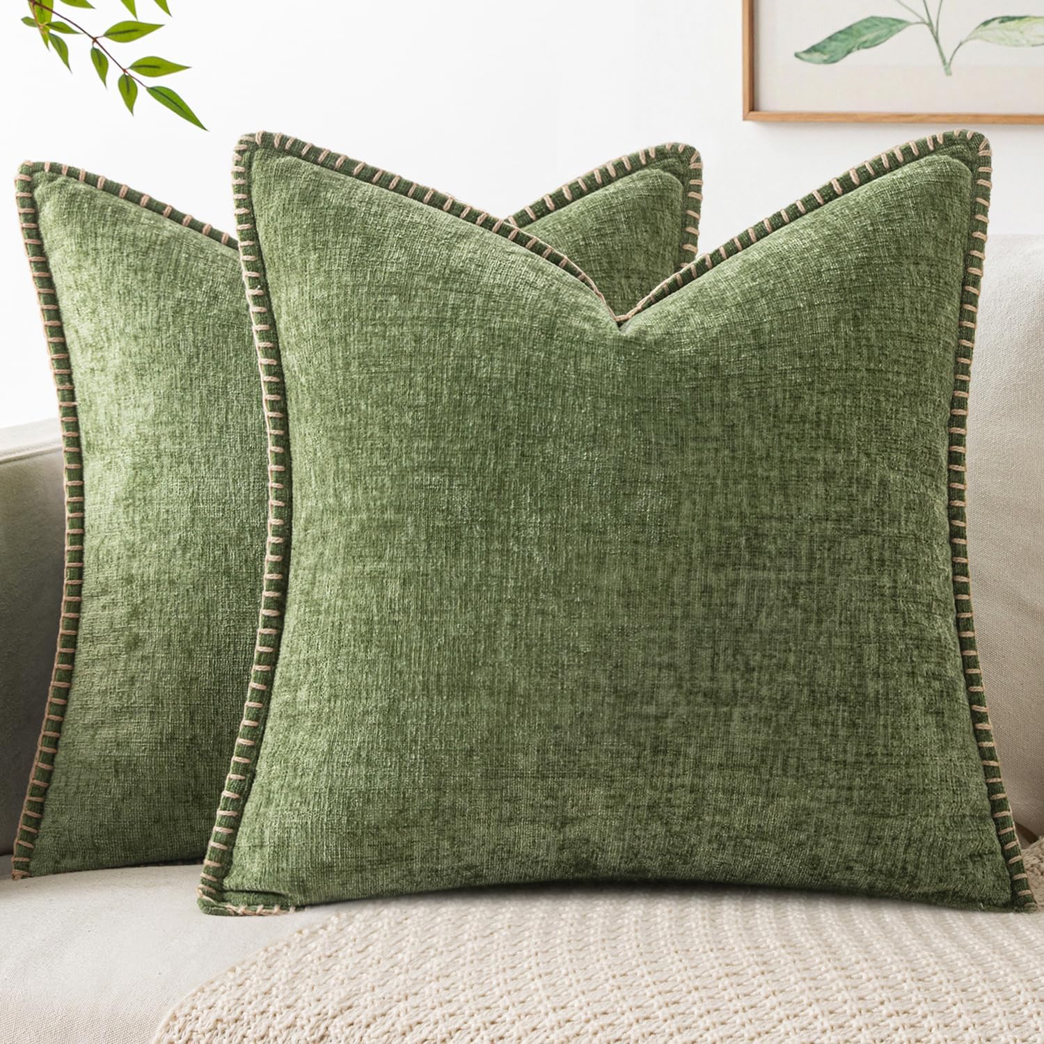 MIULEE Pack of 2 Couch Throw Pillow Covers 18×18 Inch Sage Green Farmhouse Decorative Pillow Covers with Stitched Edge Soft Chenille Solid Dyed Summer Pillow Covers for Sofa Bed Living Room
