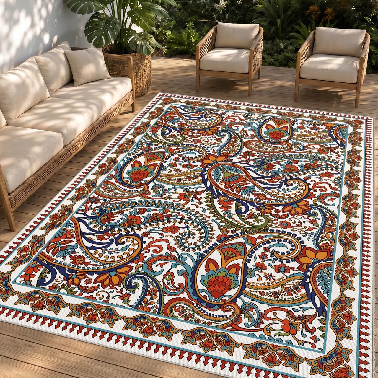 Arenarug Paisley Waterproof Outdoor Rug 5×8, UV Resistant, White Multi | Machine Washable, Easy to Clean, Non Slip, Faux Linen Outdoor Carpet for Patio, Deck Balcony Backyard