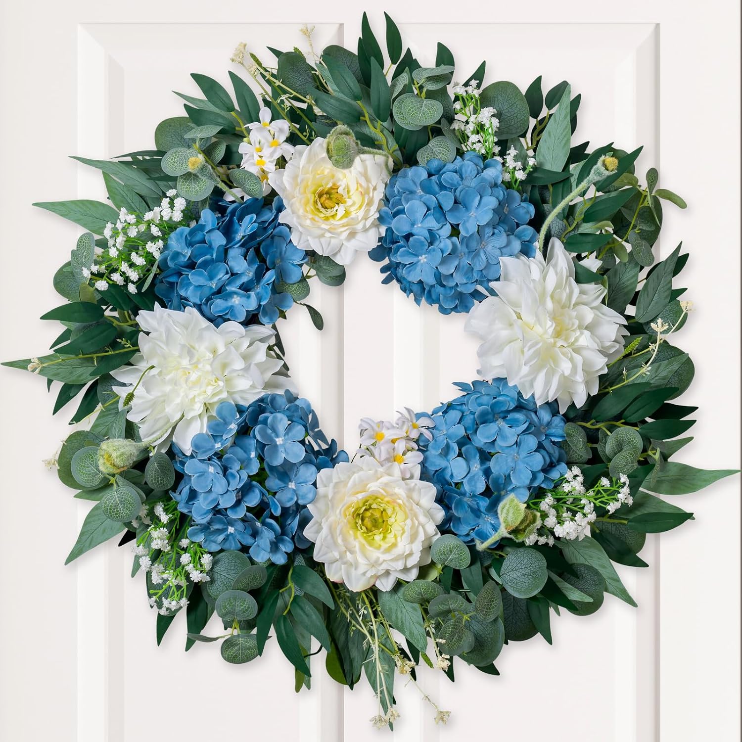 Hydrangea Wreath for Front Door Porch Wall Indoor Outdoor，22″ Silk Blue Spring Summer Wreath with Peonies & Dahlias, Artificial Year-Round Farmhouse Home Decor for Holiday