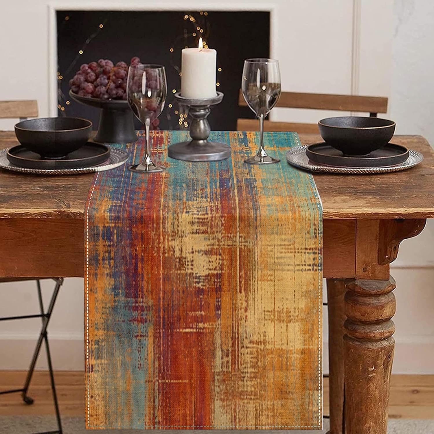 Emvency Blue and Orange Table Runner, Vintage Abstract Messy Rust Painting Dining Decor for Kitchen Coffee Table Family Dinners Holiday Parties Wedding Events Decor(13×72 inch)