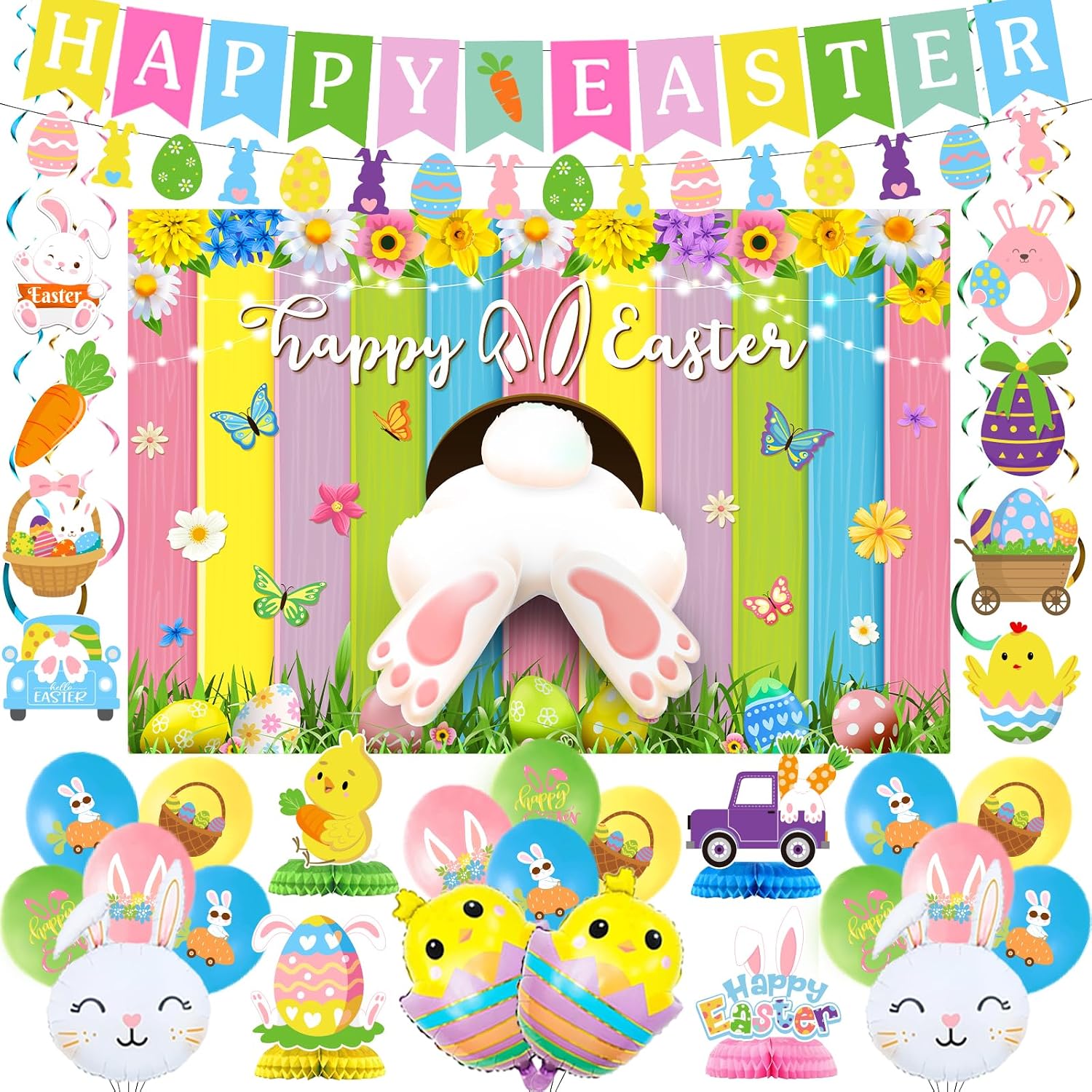 Easter Decorations for Home Happy Easter Banner Buuny Backdrop | Chick Balloons Eggs Hanging Swirls Bunny Honeycombs Table Centerpieces Decorations for Office School Easter Ornaments
