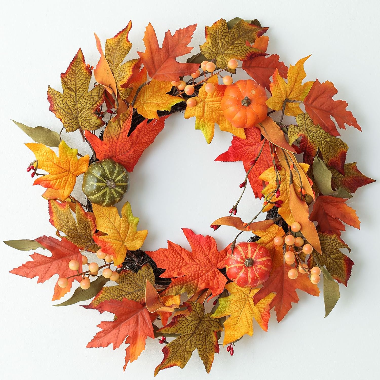 MIZII Fall Wreaths for Front Door 19 inch Yellow Fall Wreath with Artificial Maple Leaves Pumpkin Autumn Leaf Thanksgiving Halloween Harvest Door Decorations for Wall Porch Home Decor (Yellow)