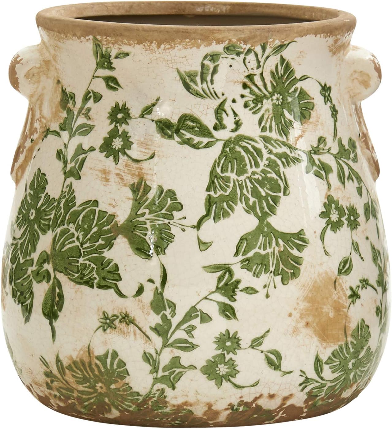 Nearly Natural 6.5 in Tuscan Ceramic Green Floral Scroll Decorative Vase | Quality Ceramic, Indoor Home Decor, Ideal for Centerpieces, Tables, Small Flower Vases