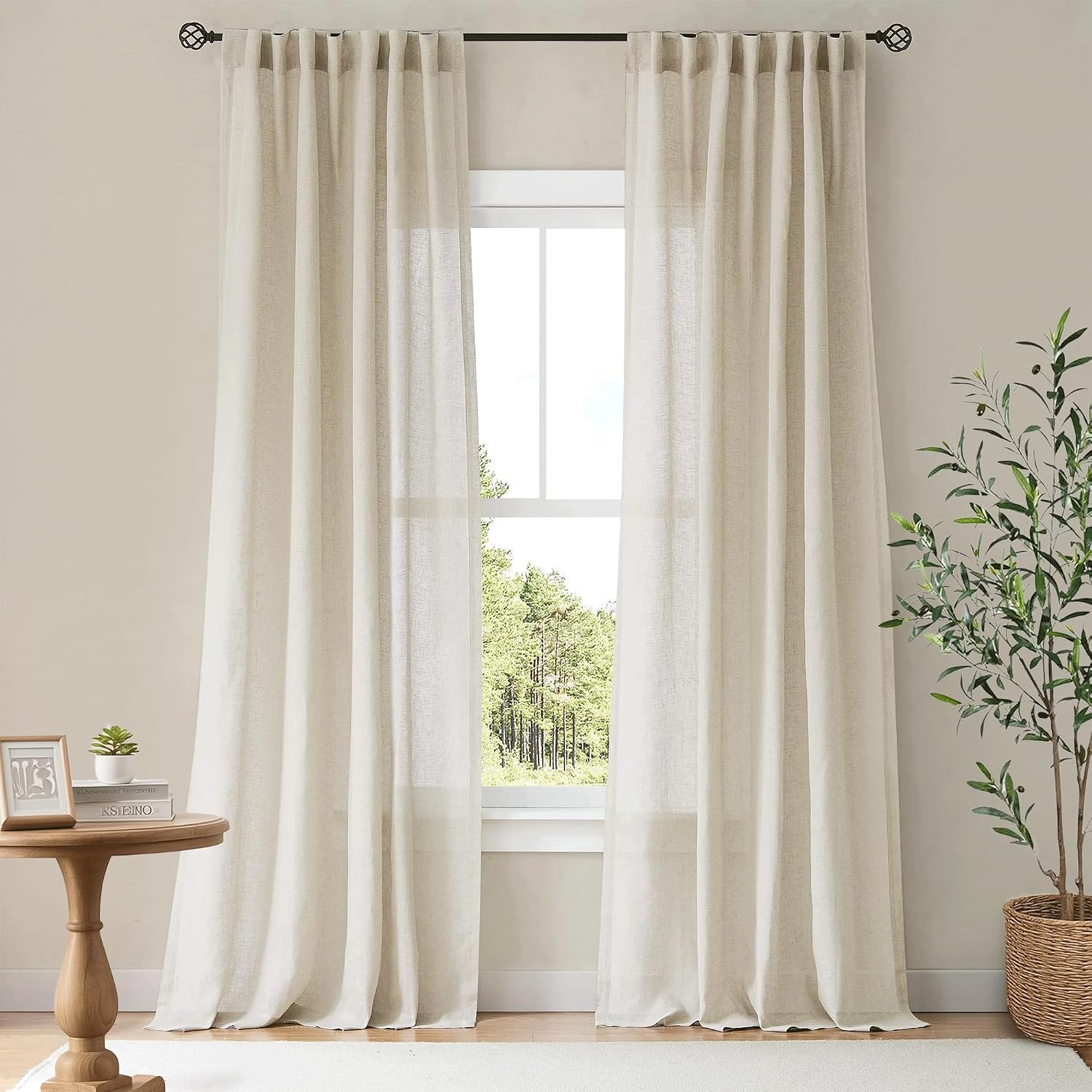 NICETOWN Natural Linen Curtains & Drapes for Windows 84 inch Long, Rod Pocket & Back Tab Thick Flax Semi Sheer Privacy Assured with Light Filtering for Bedroom/Living Room, W55 x L84, 2 Pieces