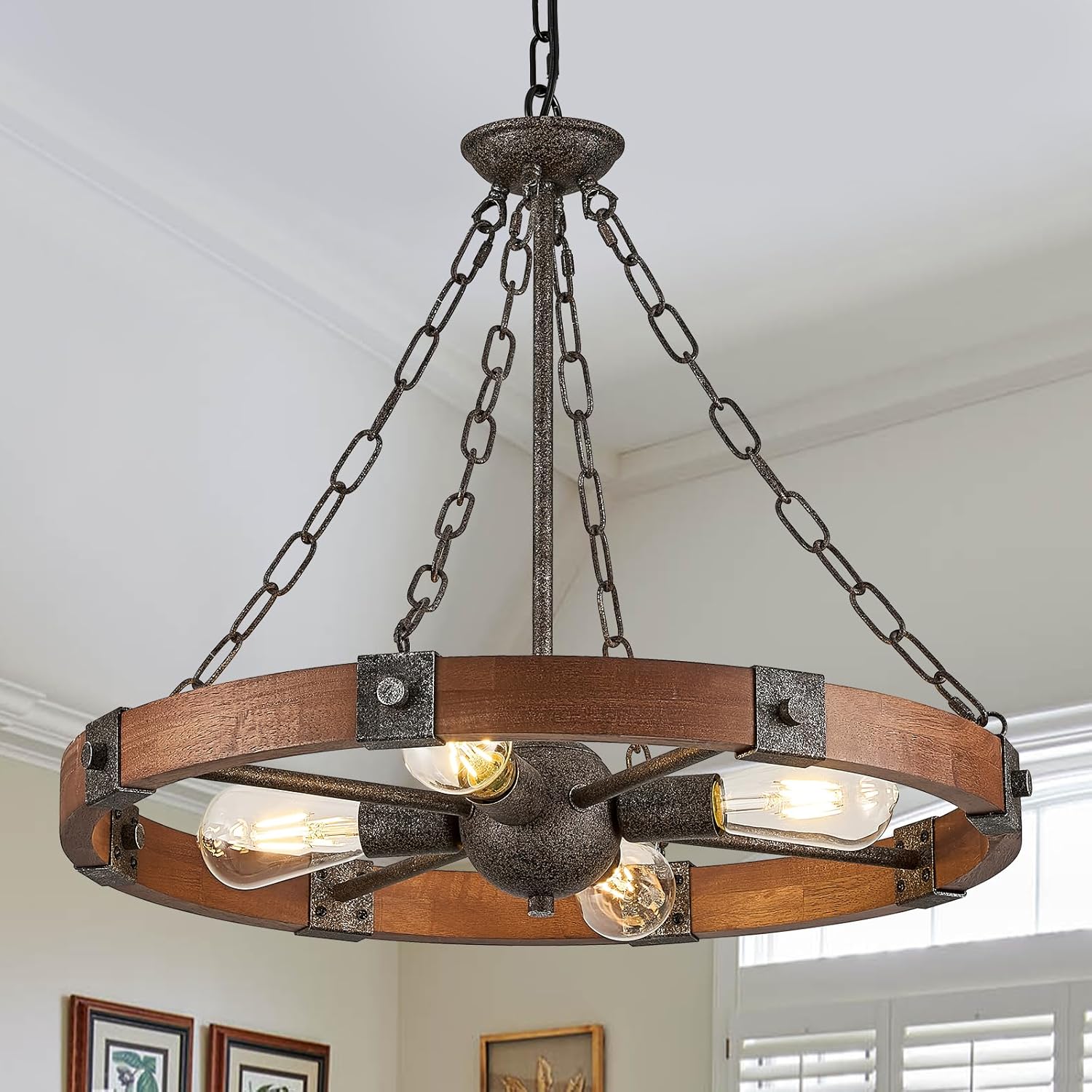 Benkut Farmhouse Wagon Wheel Chandelier 23.6″ Walnut Rustic Chandeliers 4-Light Wood Round Pendant Light Fixture for Dining Room Kitchen Entryway Foyer