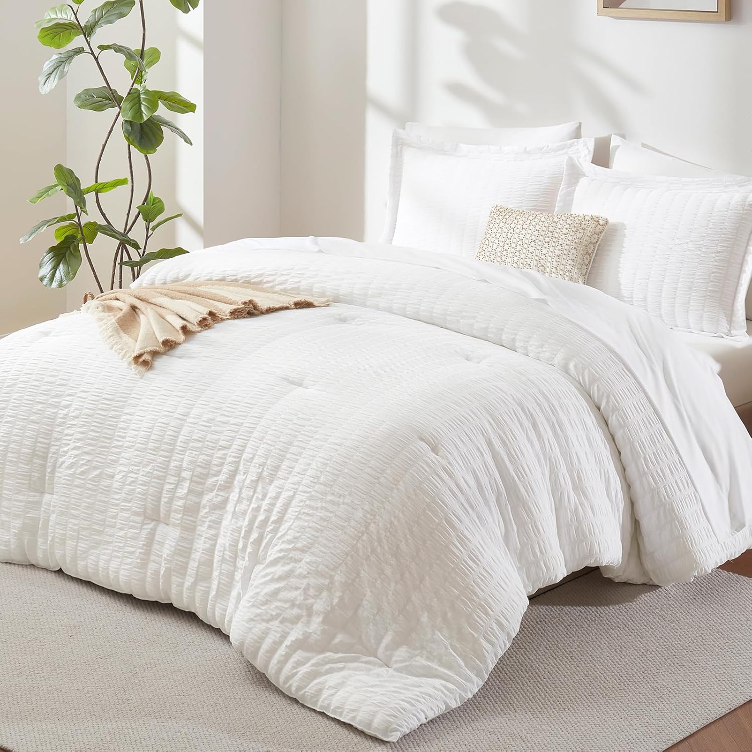 CozyLux Queen Comforter Set White, 7 Pieces Seersucker Textured Luxury Bed in a Bag Queen, All Seasons Soft Bedding Sets with Down Alternative Comforter, Sheets, Pillowcases & Shams, Bedroom Bed Set