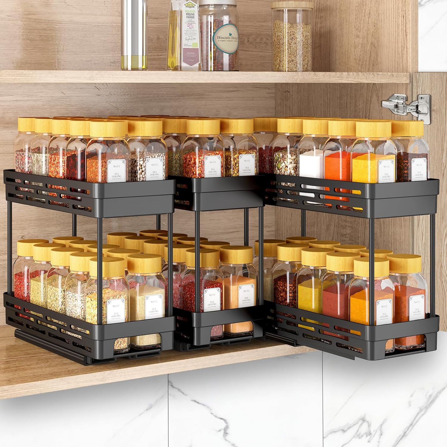 Pull Out Spice Rack Organizer for Cabinet, 3 Packs Slide Out Spice Racks Organizer, Spice Cabinet Organizers, Cabinet Size Need:12” Highx11” Deepx5” Wide,Each Tier Hold 10 Spice Jar – 2 Tier, Black