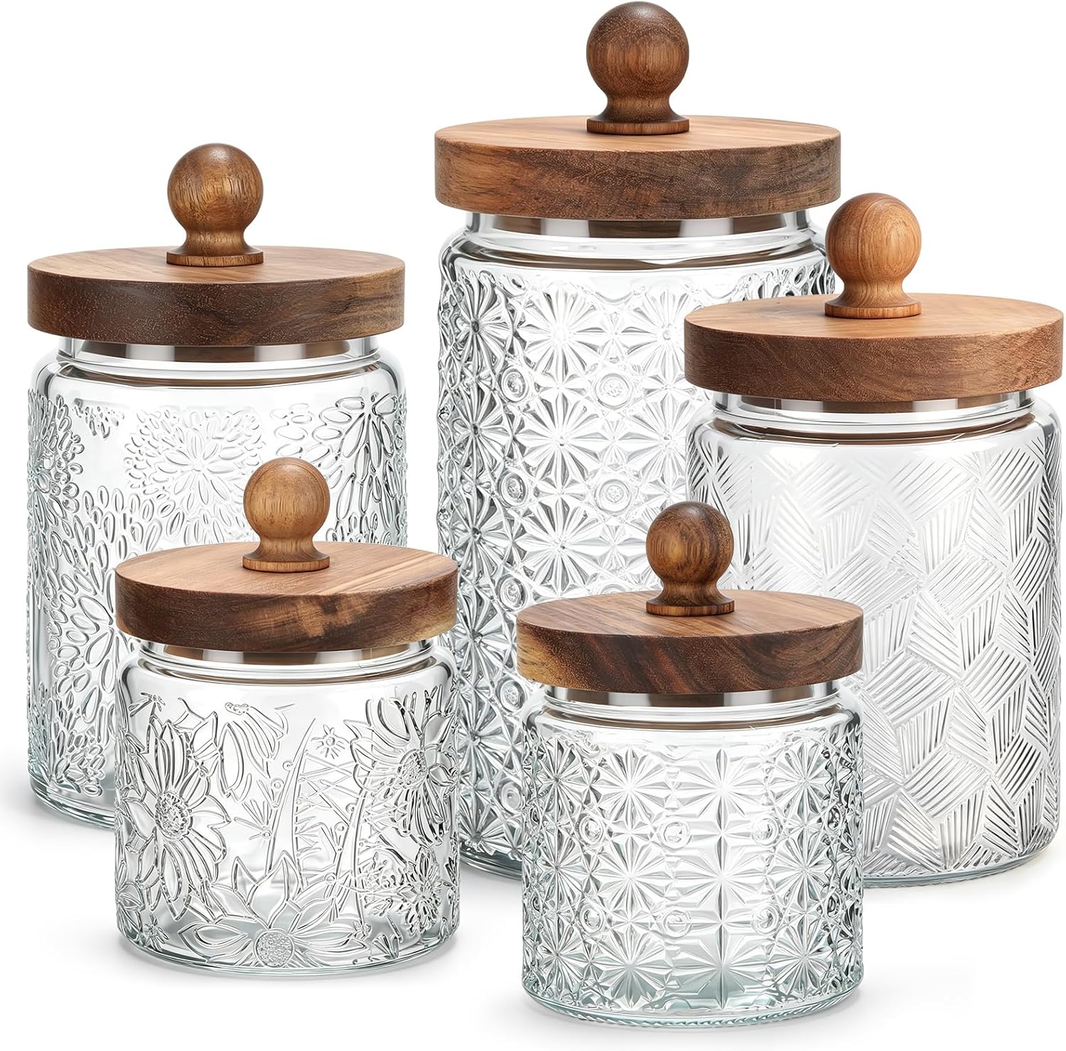 Suclain 5 Pcs Vintage Glass Canisters for Kitchen Storage Glass Jars with Acacia Wood Lid 17/24/34 oz Food Containers for Kitchen Counter Coffee Pantry Sugar Flour Tea Candy Oats Cereal(Transparent)