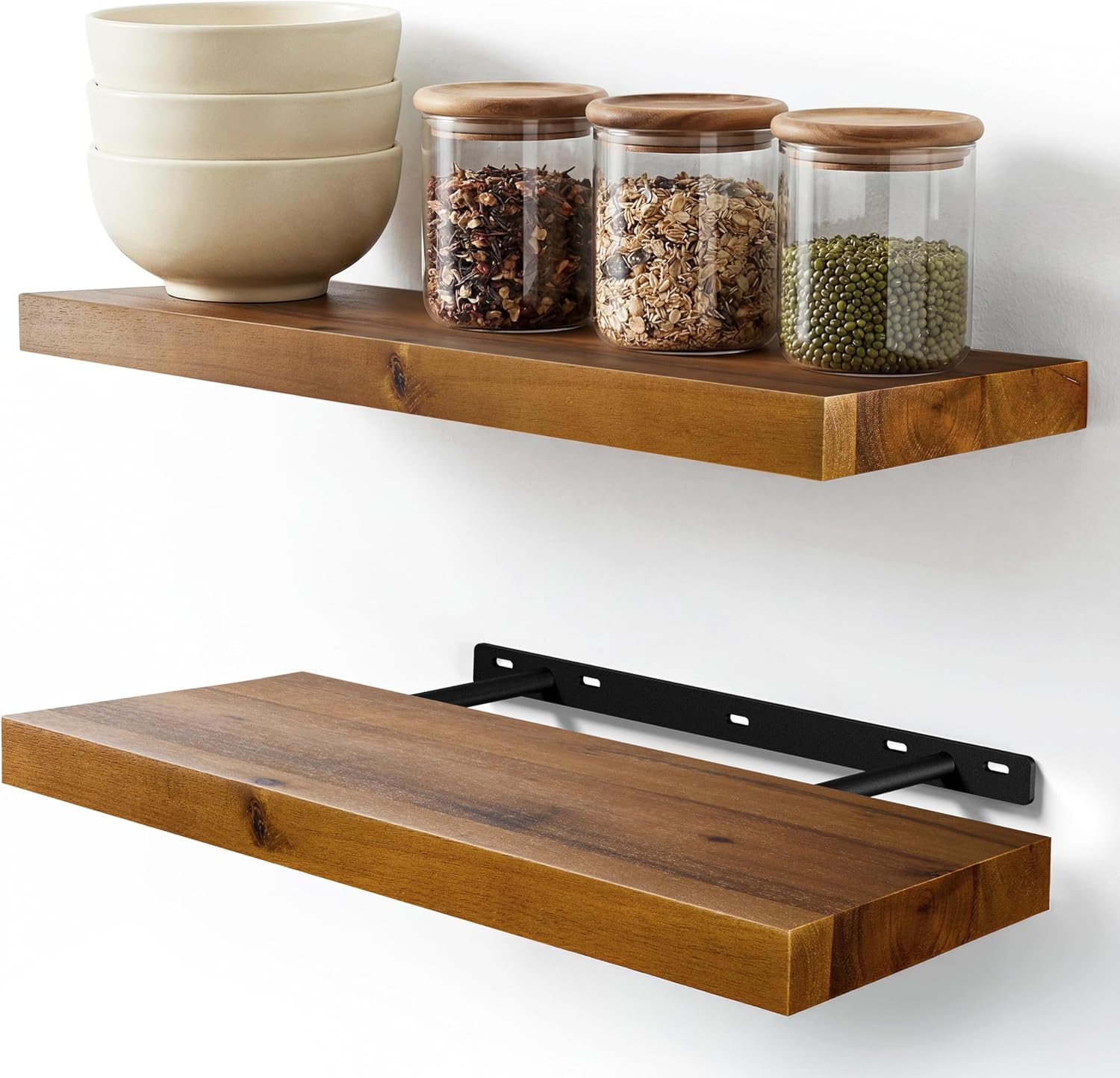 BATODA Set of 2 17″ Acacia Wood Floating Shelves Wall Mounted – Rustic Farmhouse Wooden Wall Storage Shelf for Bedroom, Kitchen, Home Décor – Brackets and Shelving Mounting Hardware Included | Acacia Wood, 100LBs Capacity, Hidden Brackets, Easy DIY Assembly, Rustic Farmhouse Style, for Bathroom, Bedroom & Kitchen